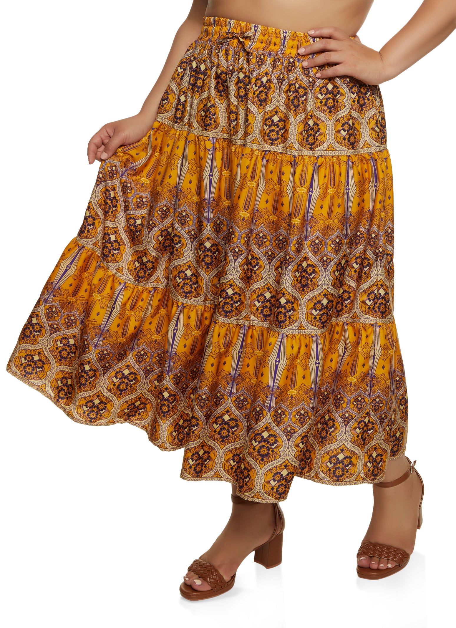 Plus Size Printed Tiered Maxi Skirt
