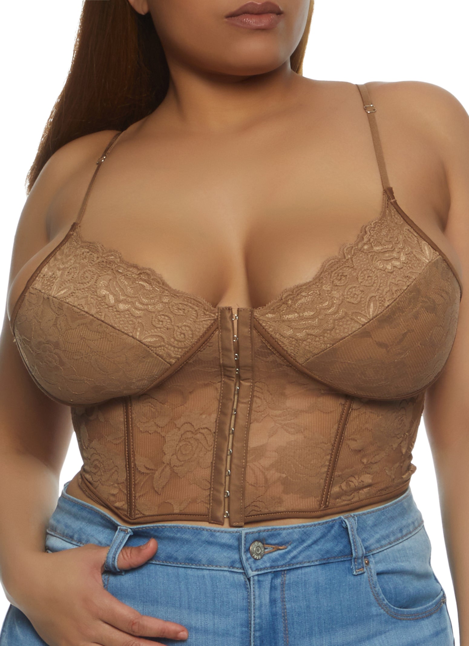 Plus Size Floral Lace Hook and Eye Closure Corset Top - Mocha
