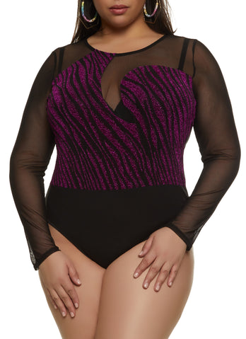 Plus Size Lurex Zebra Print Bodysuit - Magenta