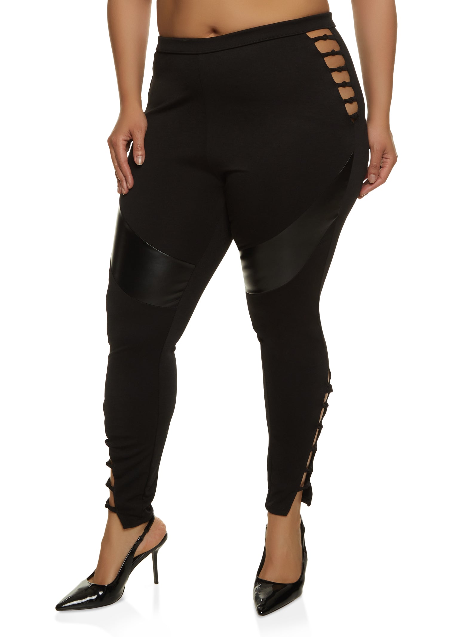 Plus Size Caged Side Faux Leather Detail Leggings