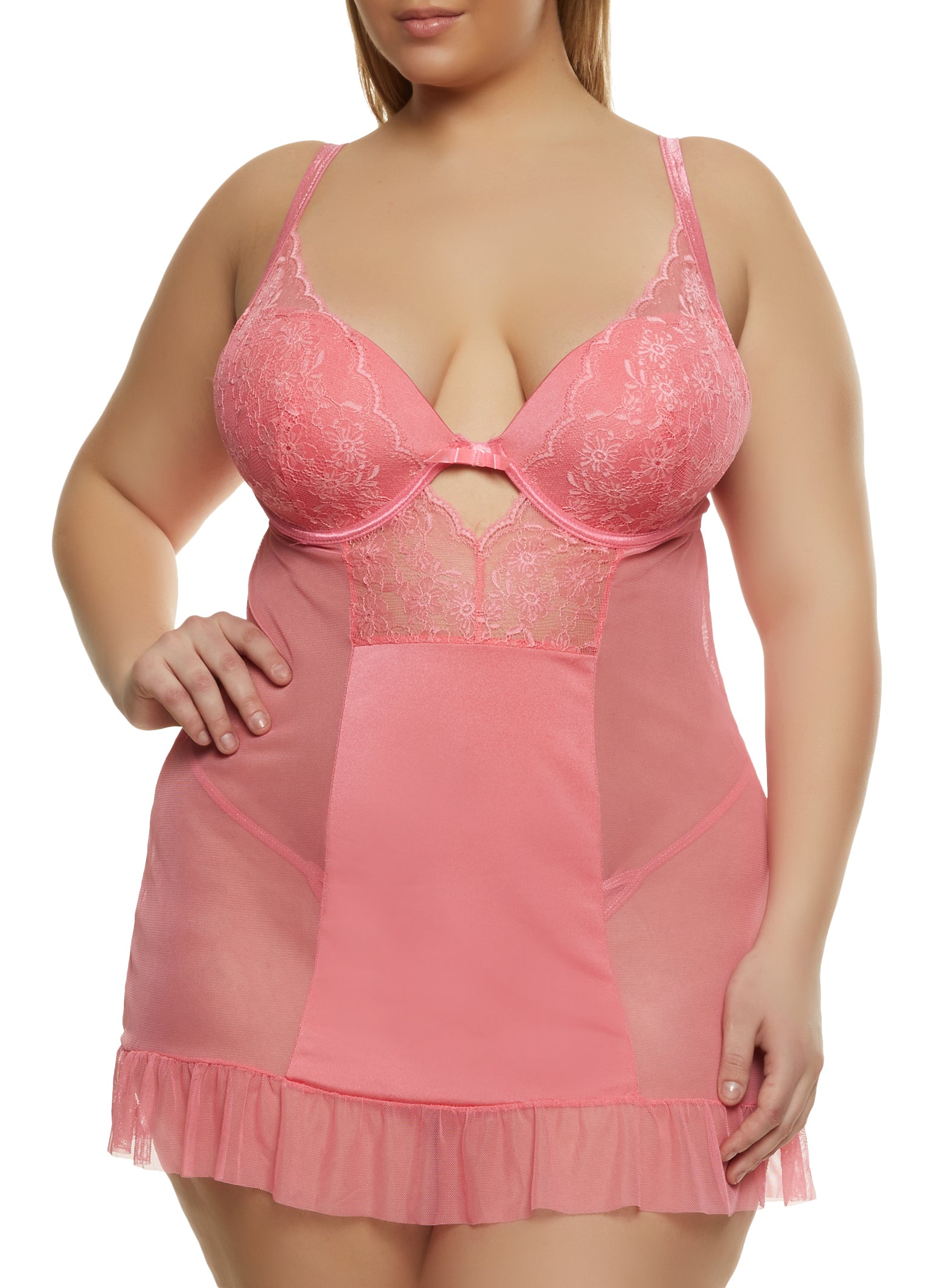 Plus Size Sheer Lace Babydoll and G String - Pink
