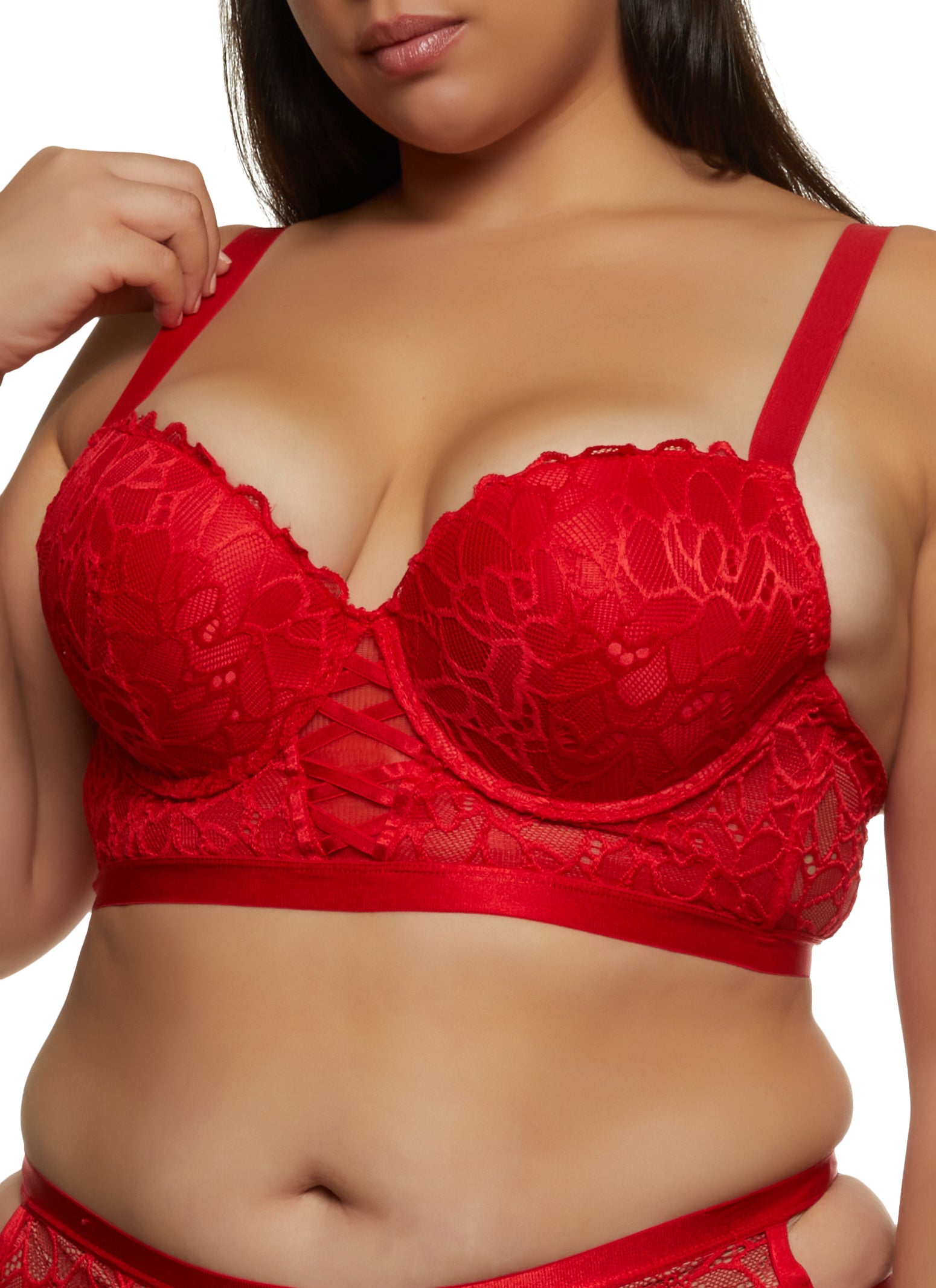 YOURS Plus Size Red Lace Strap Detail Padded Longline Bra