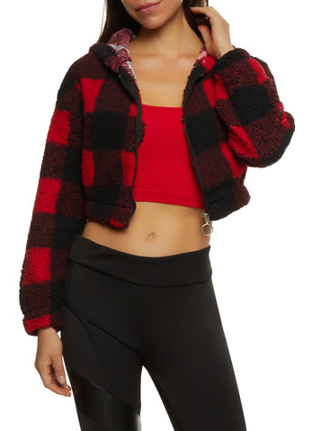 Plaid crop faux fur cheap sweatshirt