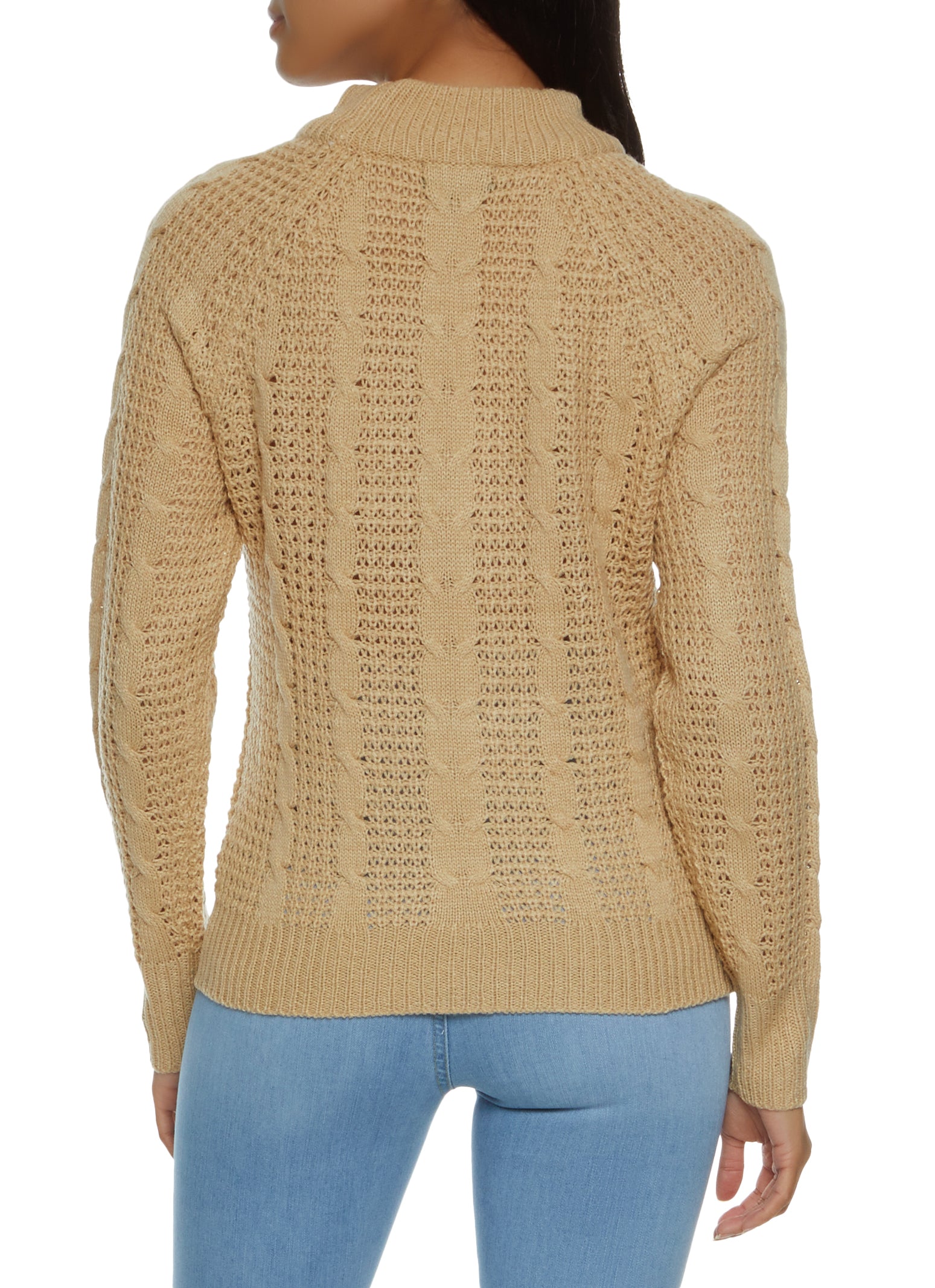 Mock Neck Cable Knit Sweater - Beige