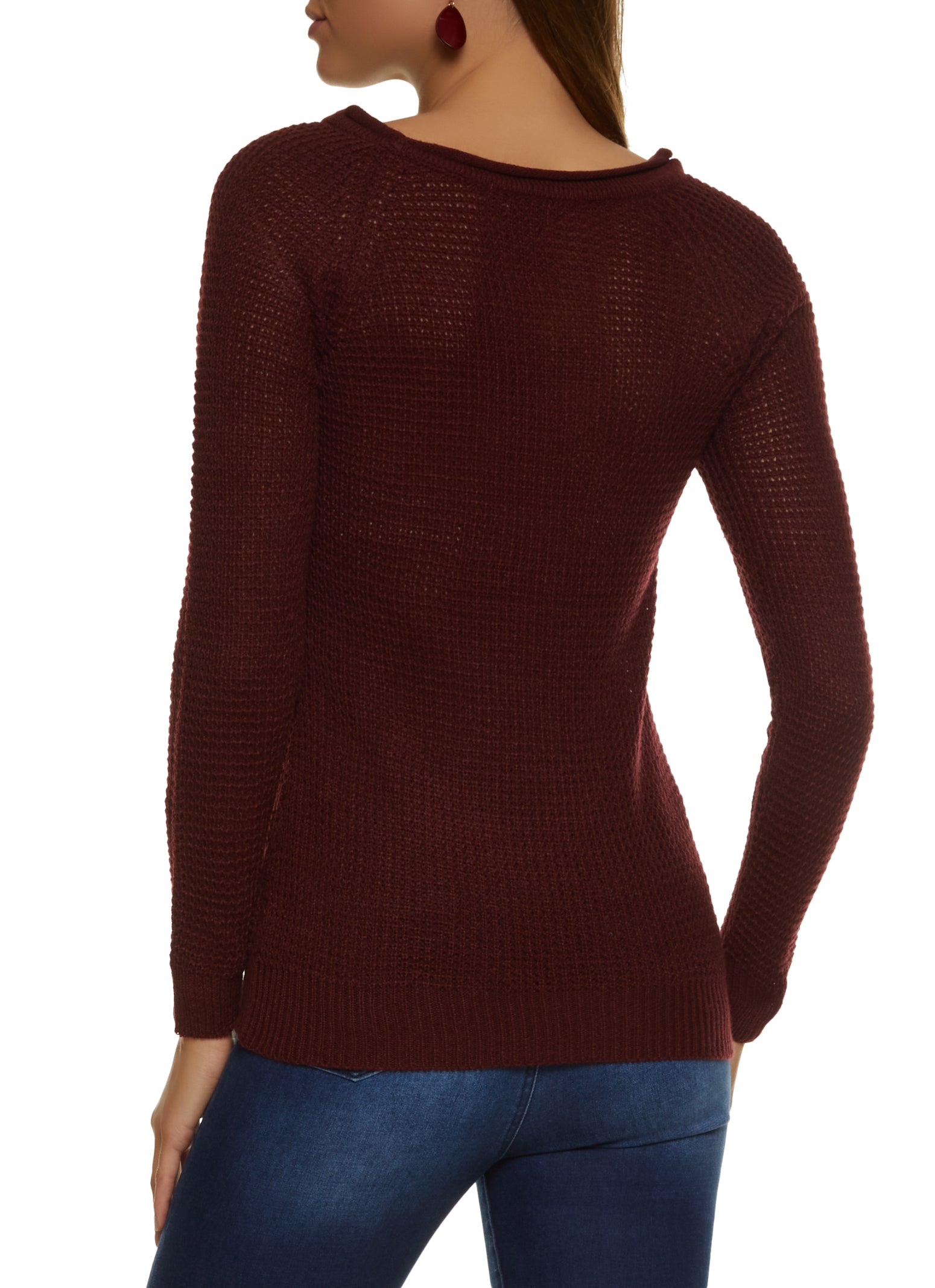 Waffle Knit Crew Neck Pullover Sweater