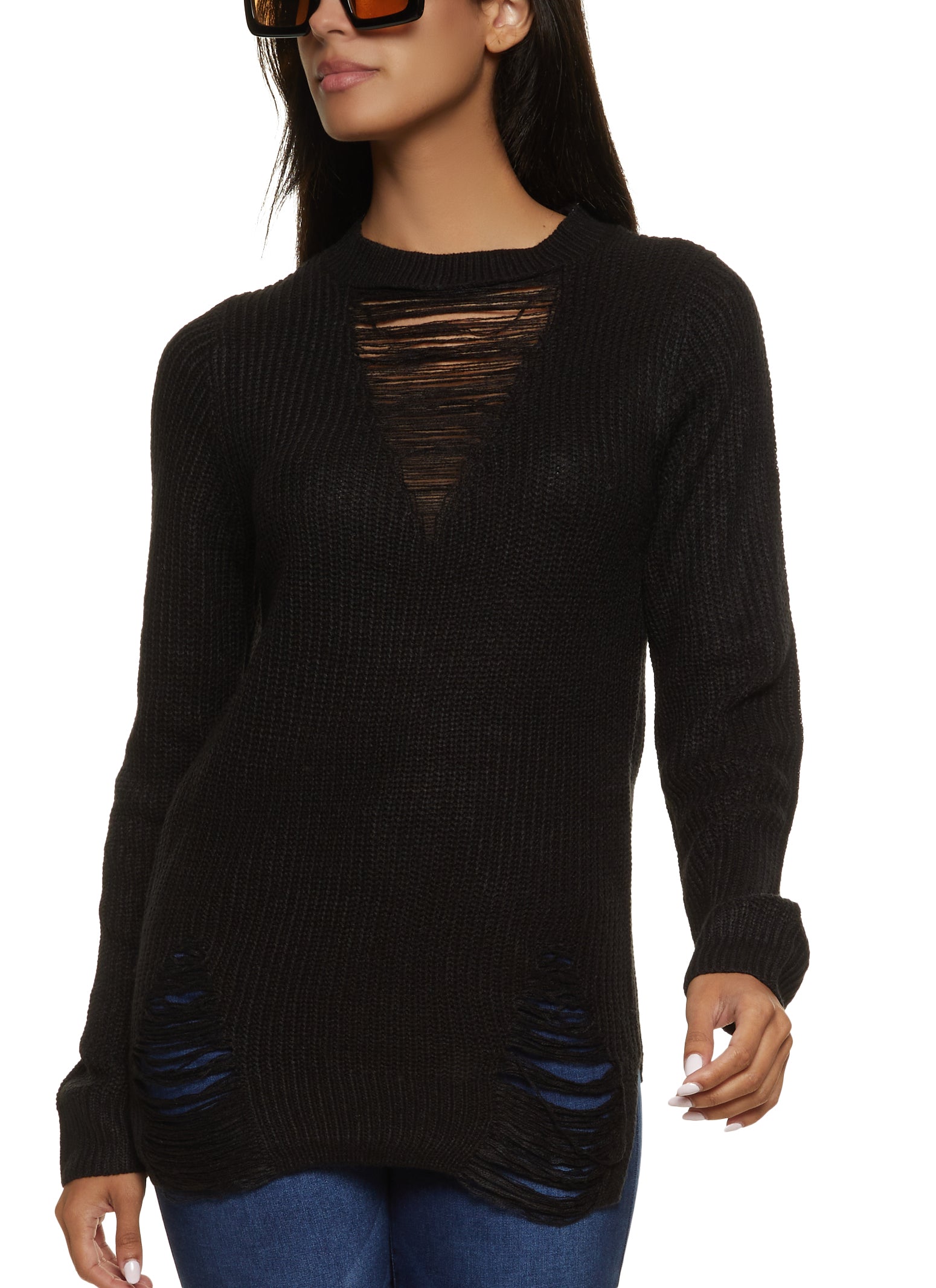 Ribbed Knitted Turtleneck Side Slit Sweater Black