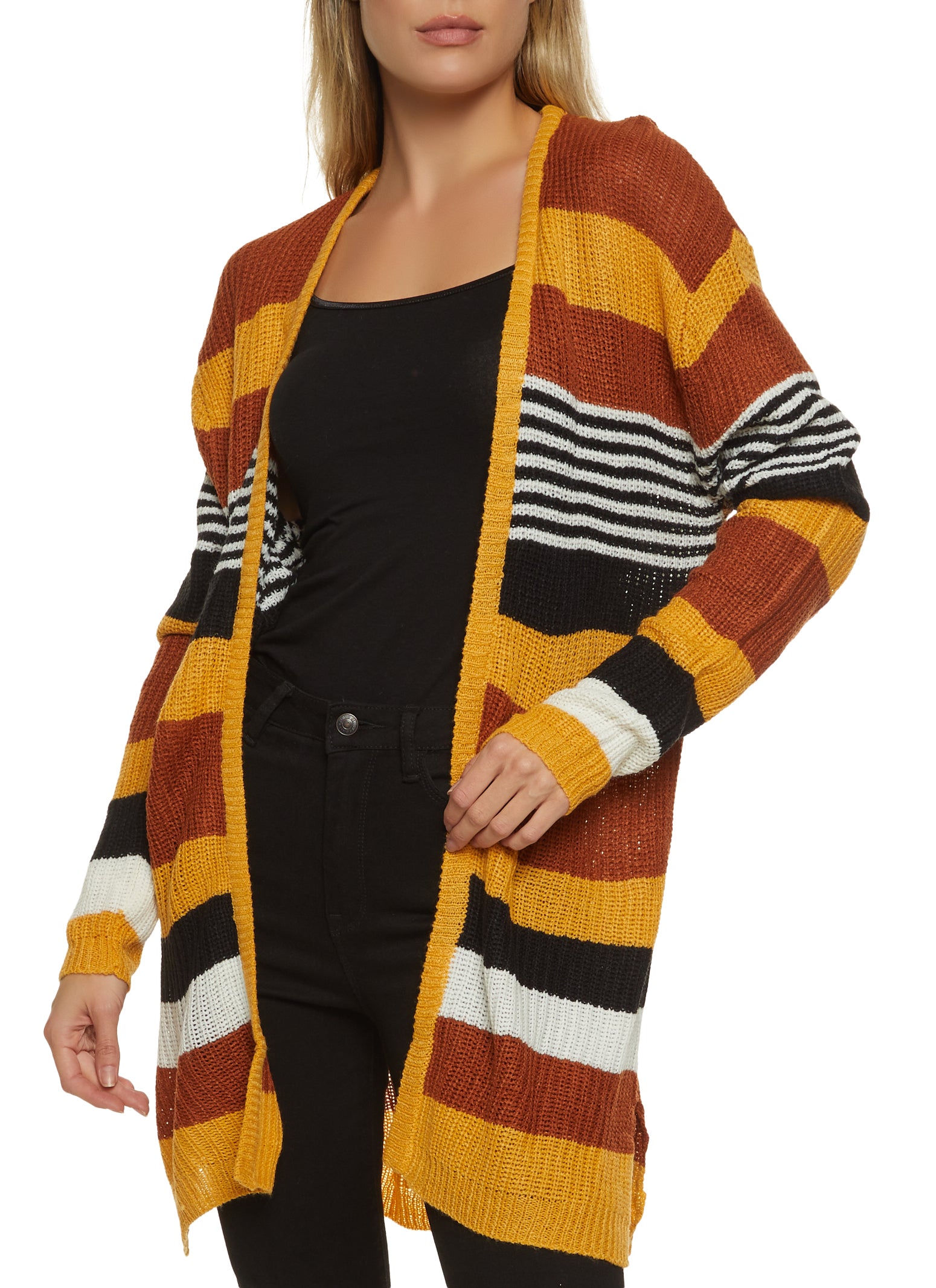 Striped Open Front Long Cardigan