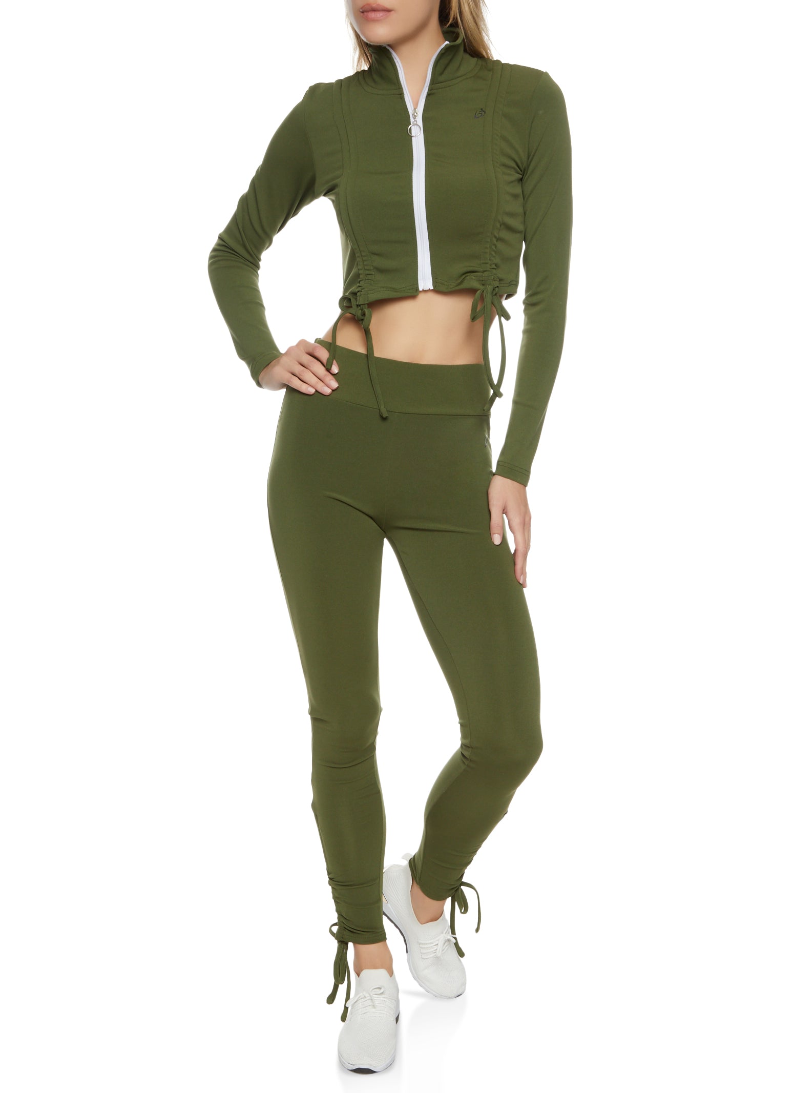 Ruched Drawstring Cropped Track Jacket - Olive