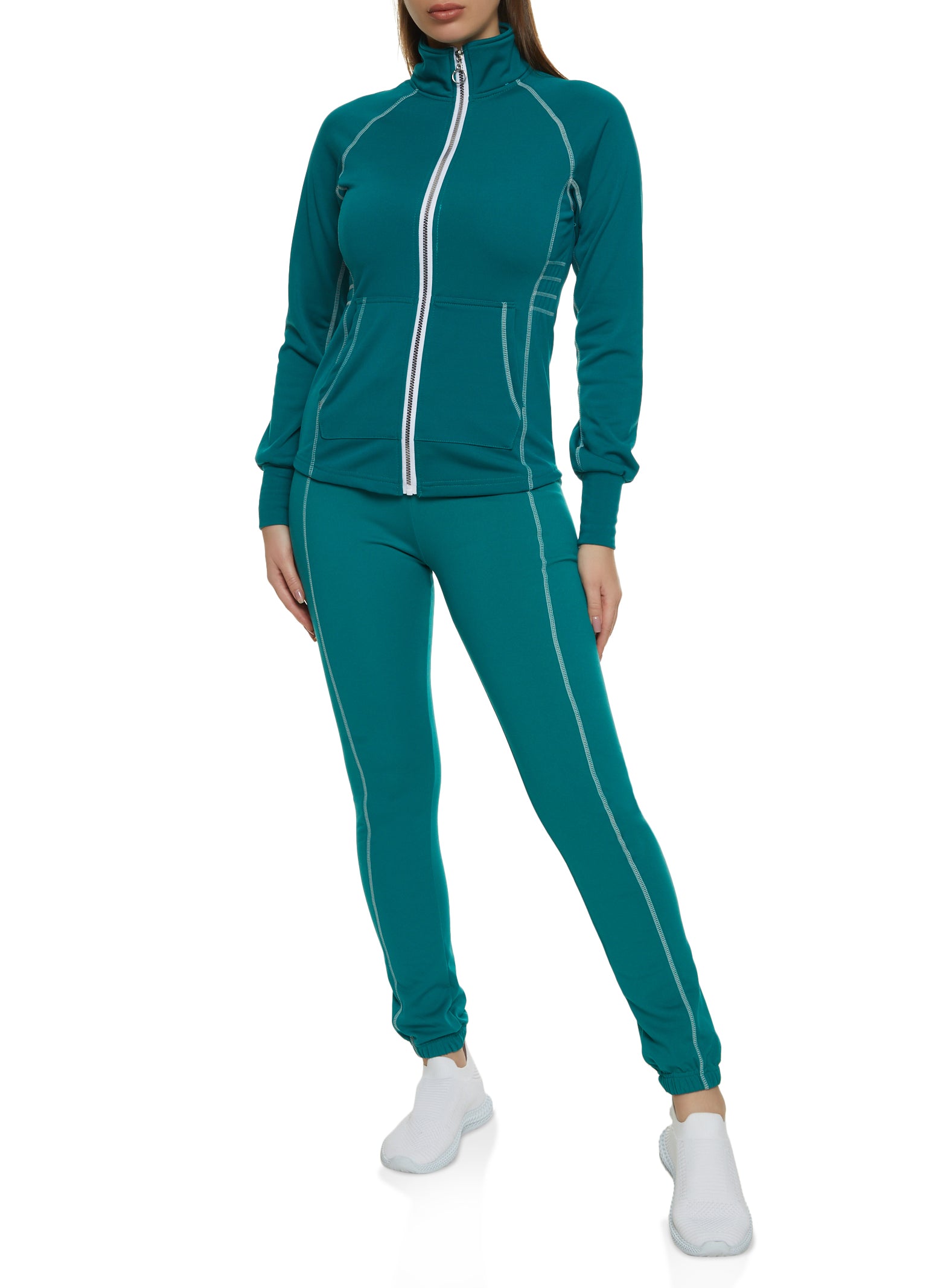 Contrast Piping Zip Up Track Jacket - Teal
