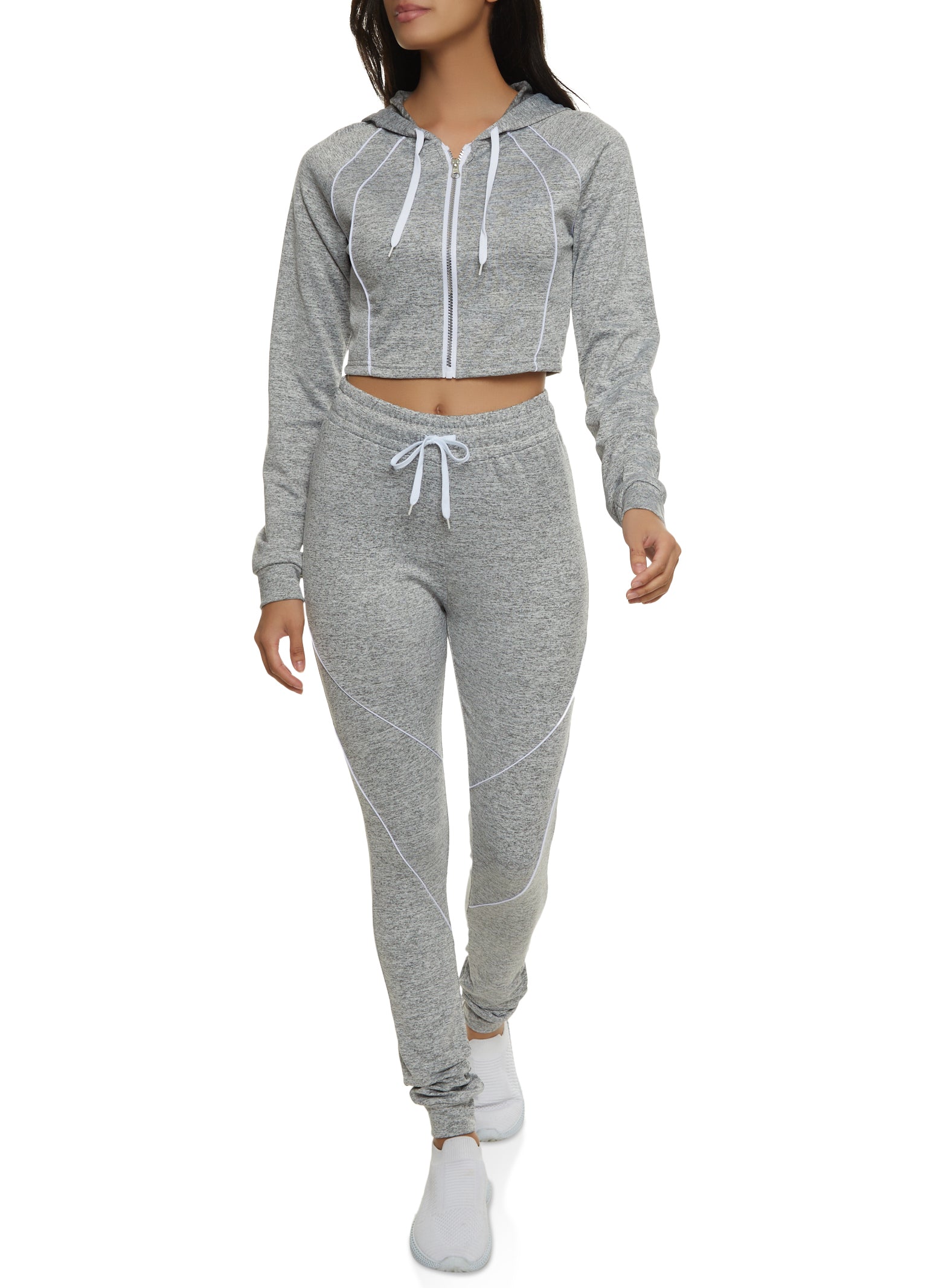 Contrast Piping Cropped Zip Front Hoodie - Heather