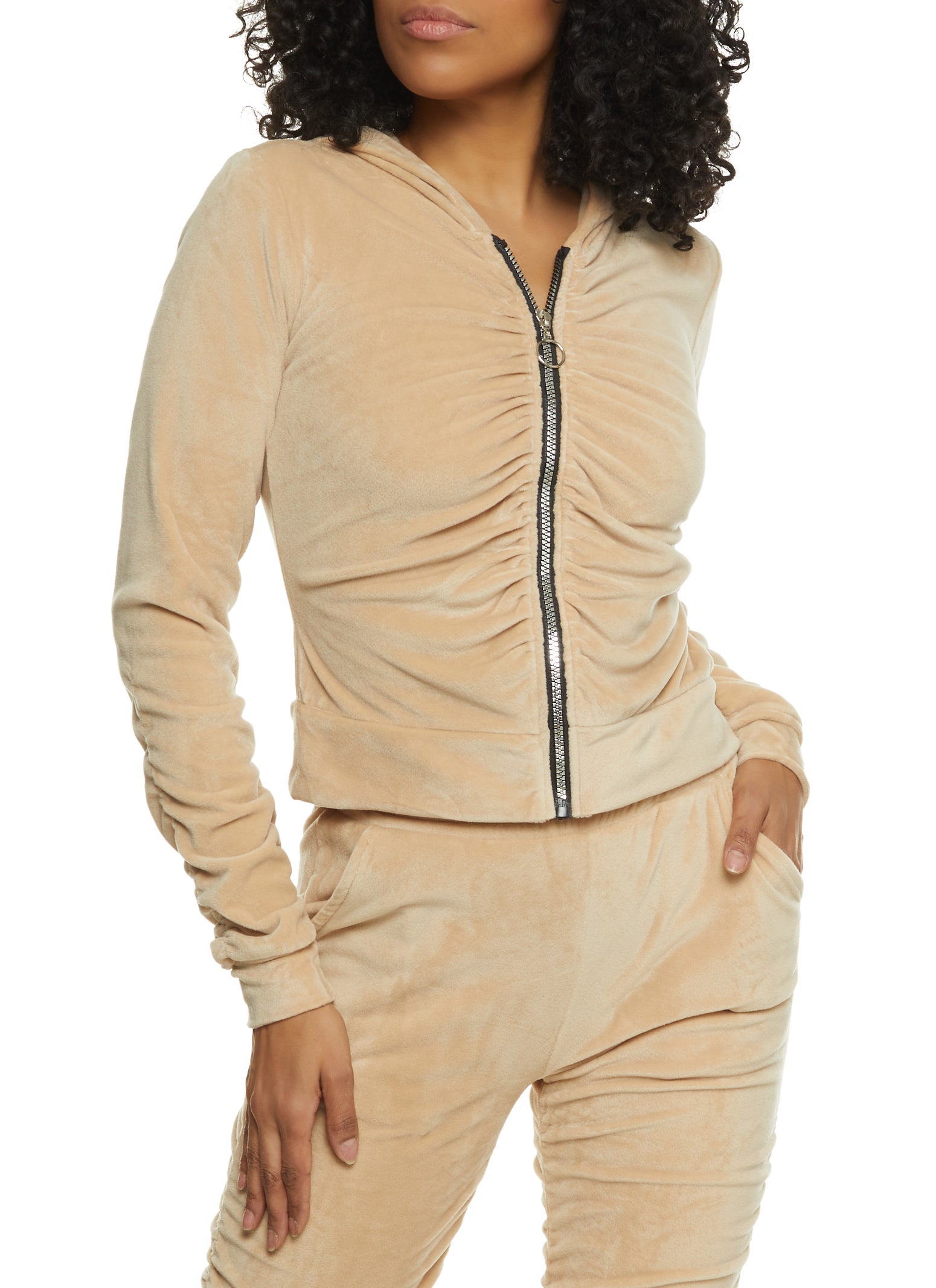 Beige ruched sleeve discount hoodie