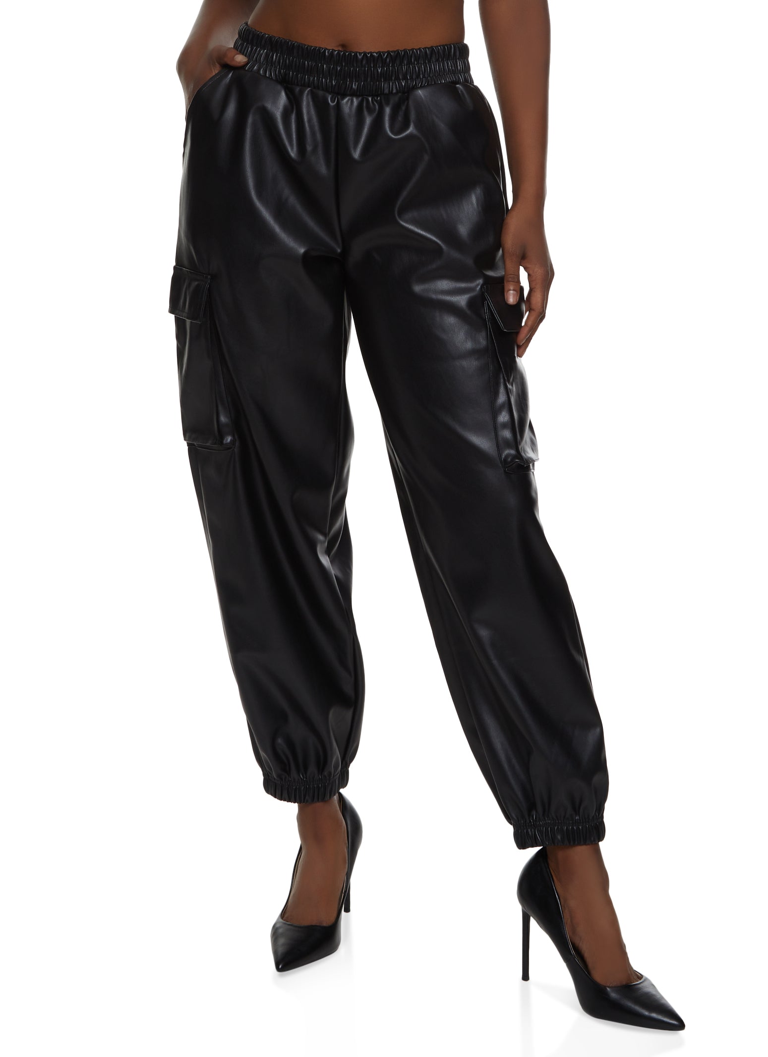 Faux Leather High Waisted Cargo Pocket Joggers