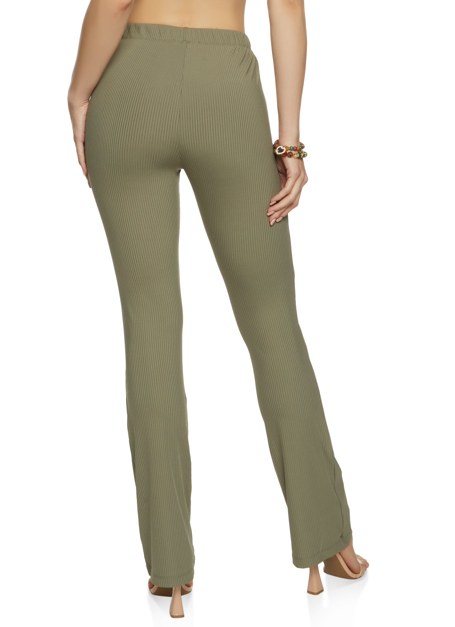 Solid Ribbed High Waist Flare Pants - Olive