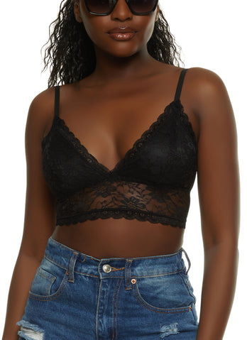 Solid Floral Lace Bralette - Black