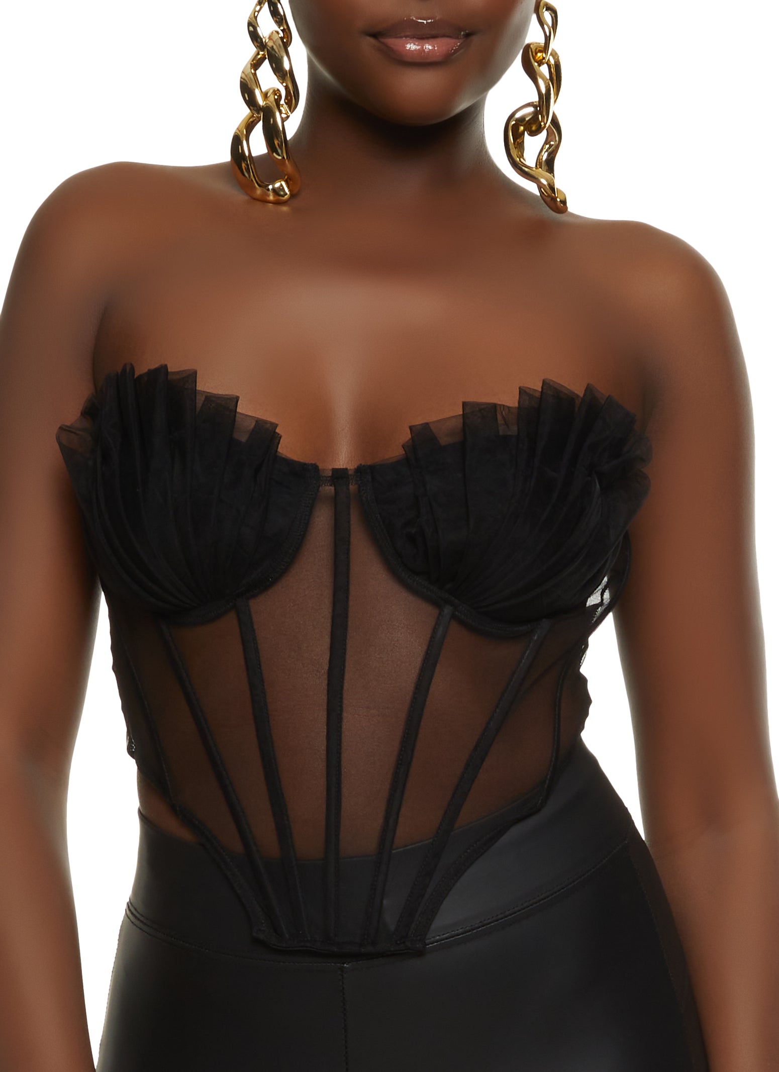Shell Pleated Mesh Bustier Top - Black