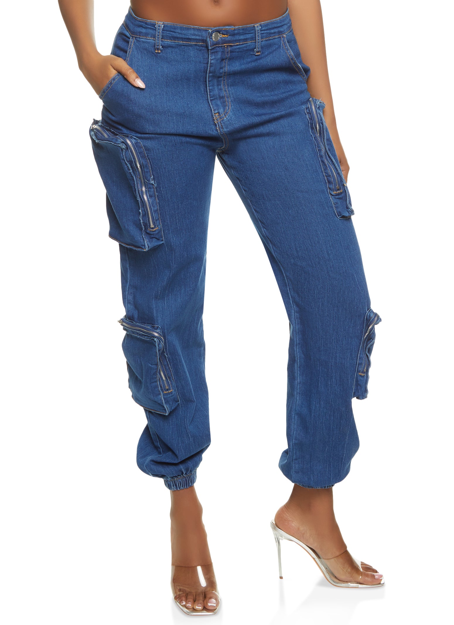 Jeans & Trousers, Purple Denim High Waist Utility 6 Pocket Wide Leg Cargo
