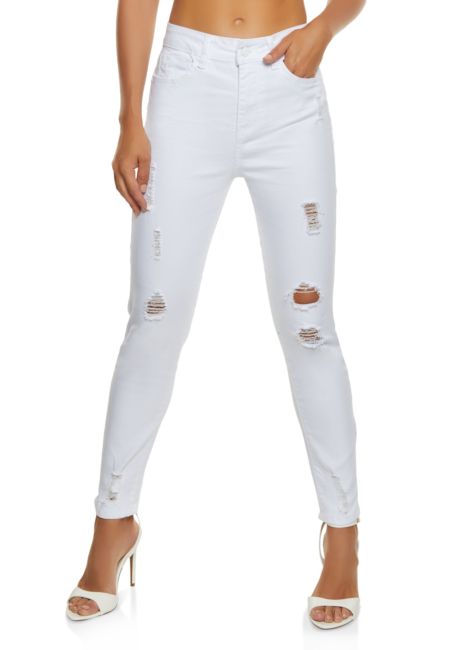 WAX Distressed Frayed Skinny Jeans - White