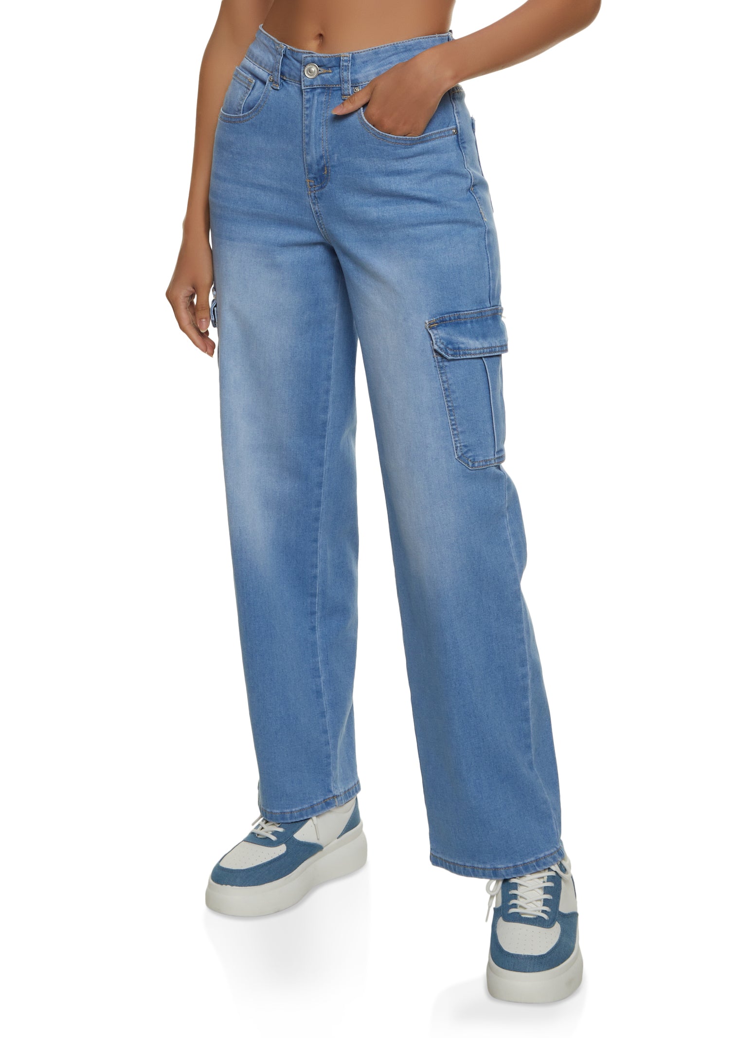 High Rise Washed Straight Leg Cargo Jeans