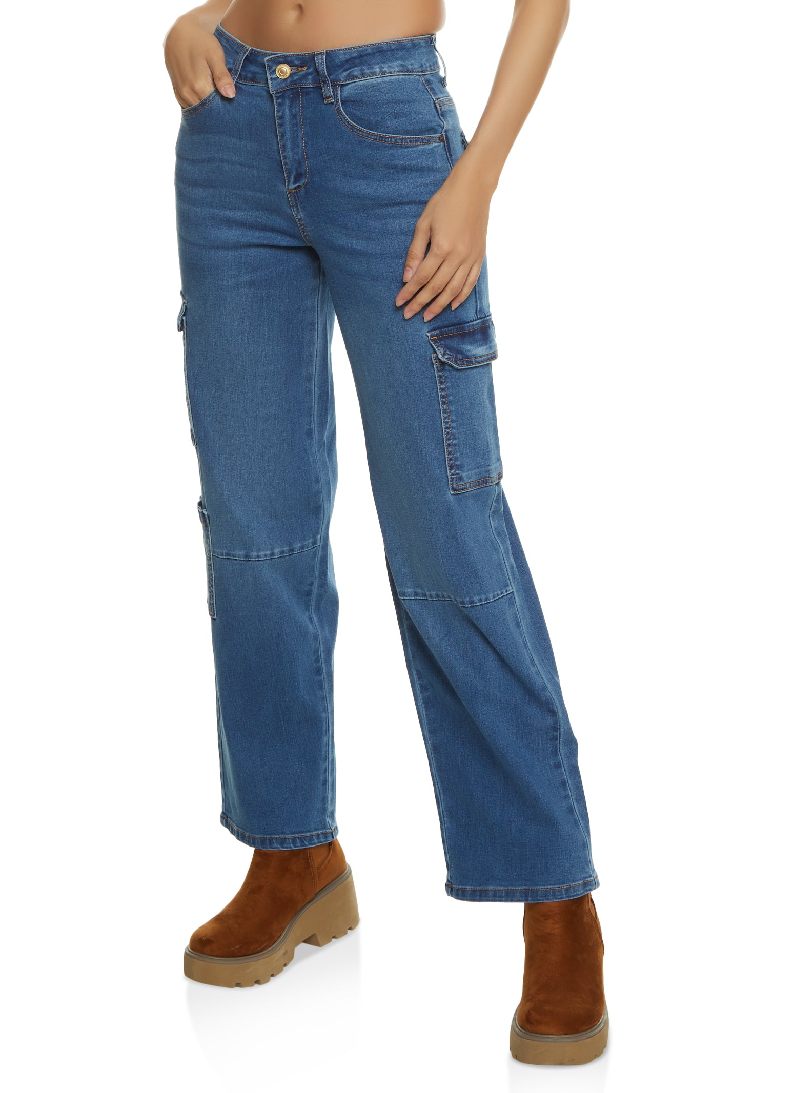 WAX Wide Leg Flap Pocket Cargo Jeans - Medium Wash