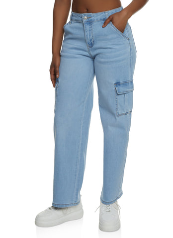 Plus Size WAX Whiskered Wide Leg Cargo Jeans - Medium Wash