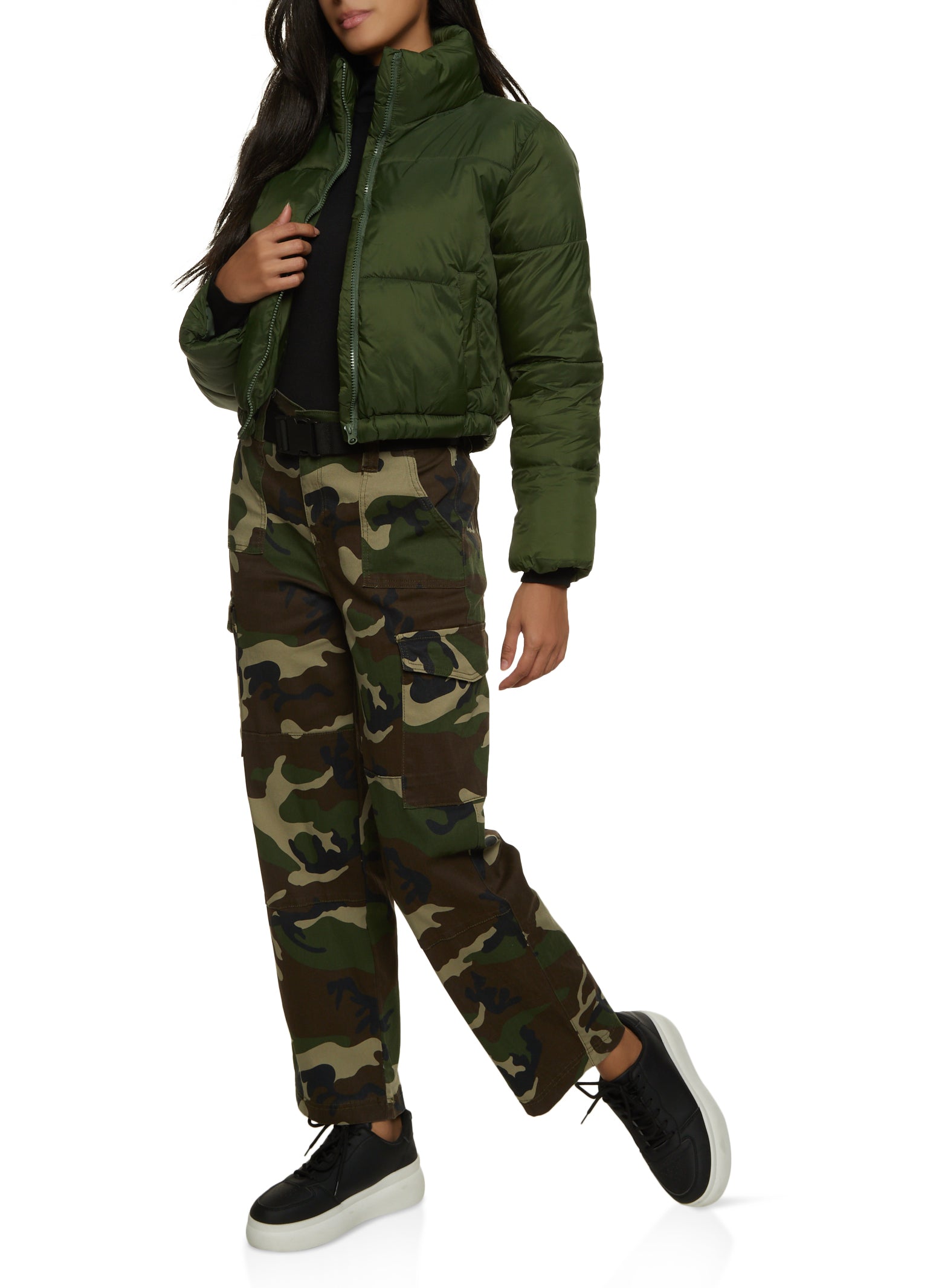 Belted Camo Tie Hem Baggy Cargo Pants