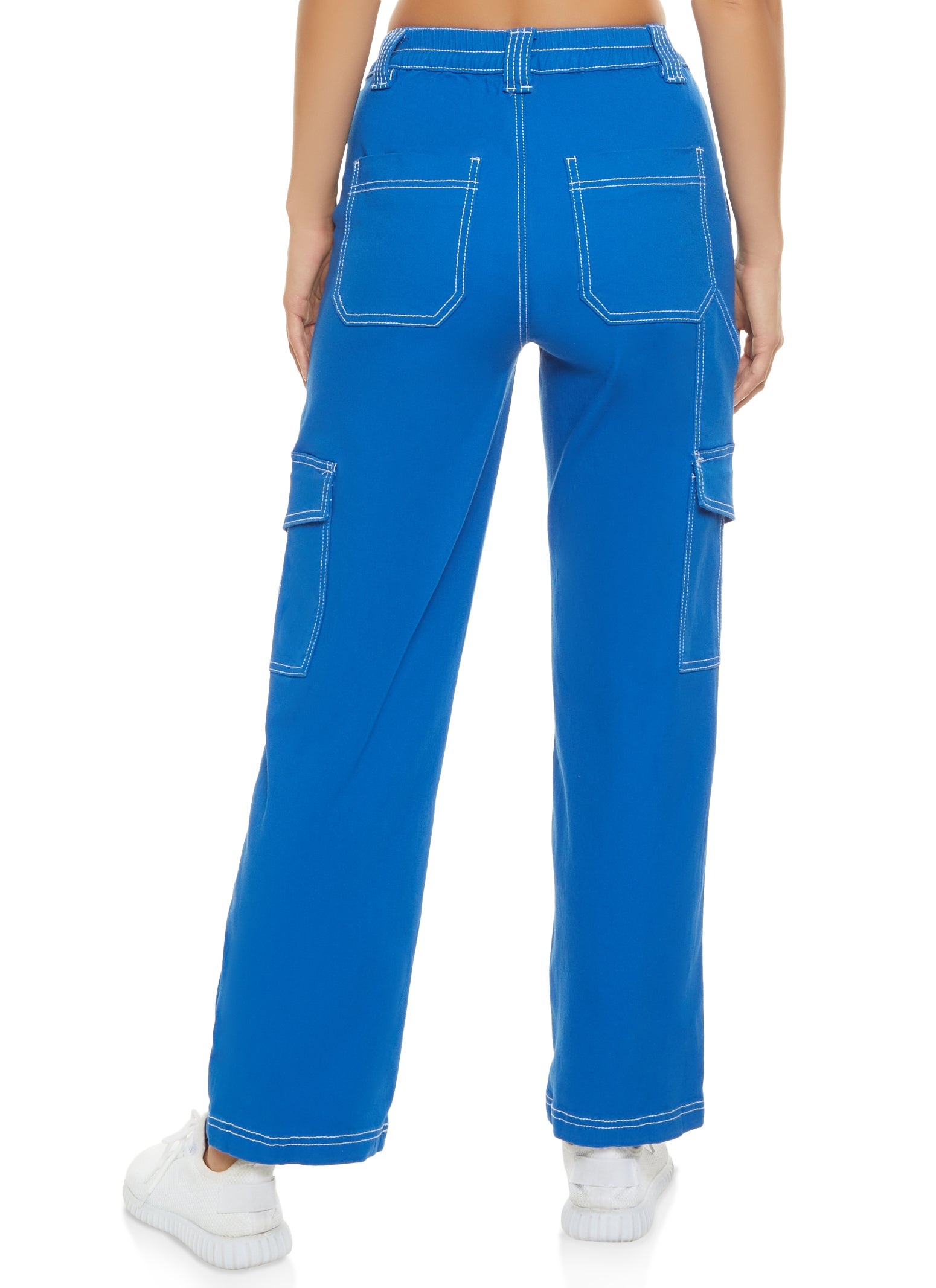 Women Blue Contrast Stitch Cargo Jeans