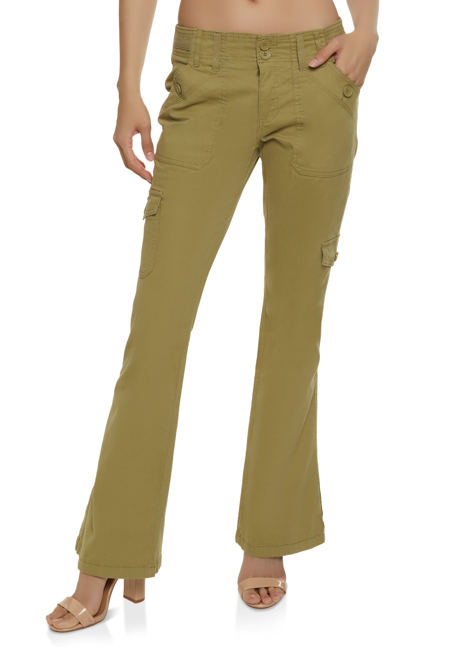 Olive Low Rise Cargo Flare Pants