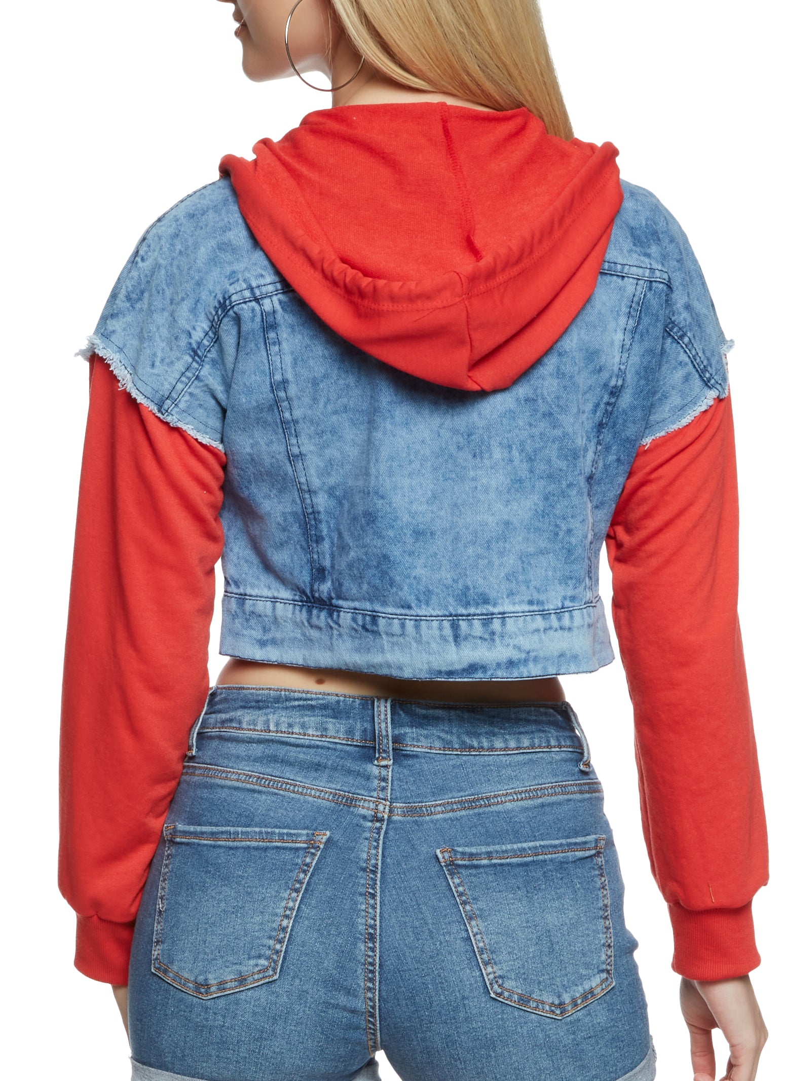 Women's Red Denim Jacket, White and Black Print Crew-neck T-shirt, Blue  Denim Wide Leg Pants, White Leather Oxford Shoes | Lookastic
