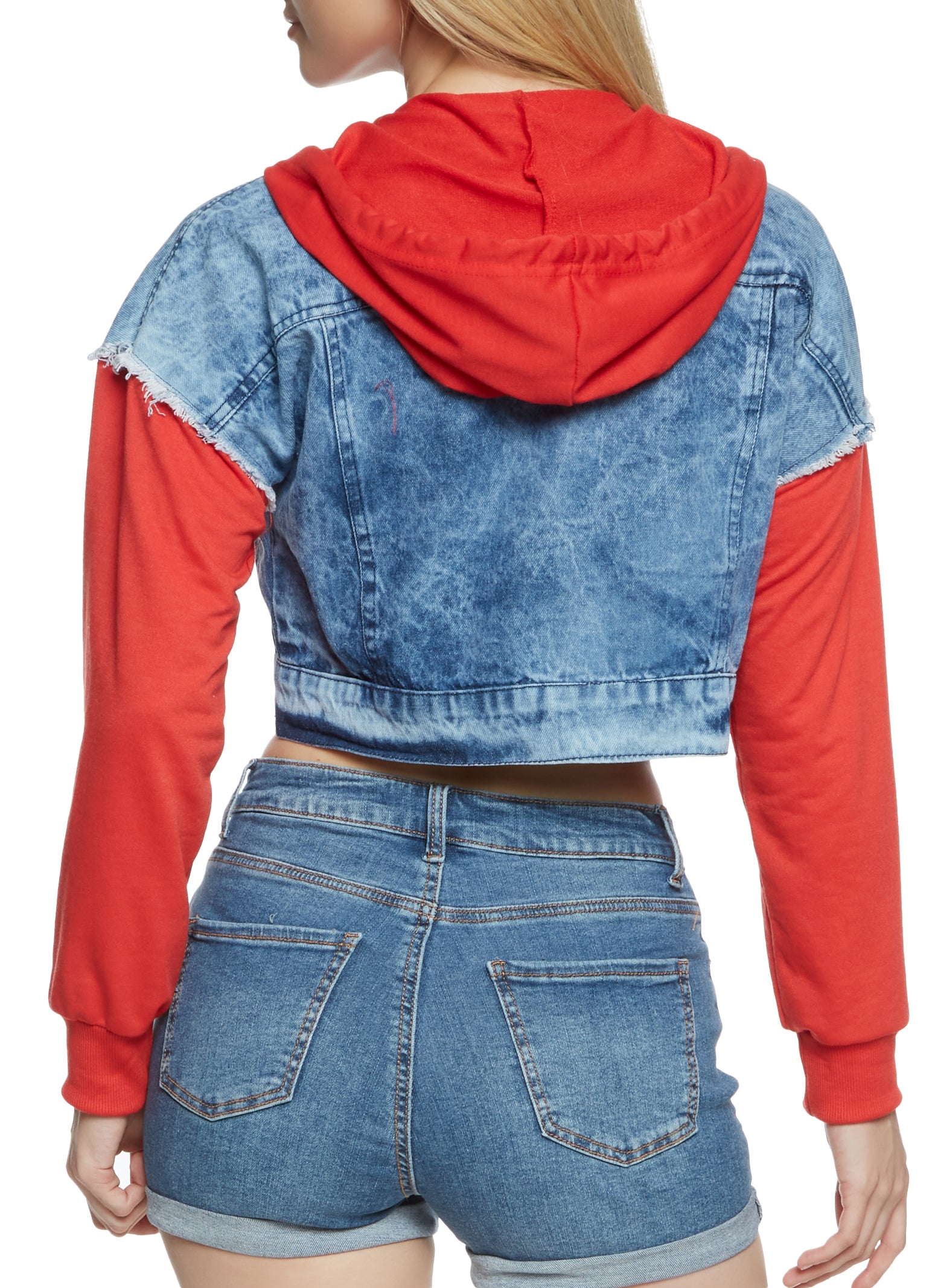 French Terry Hooded Cropped Denim Jacket