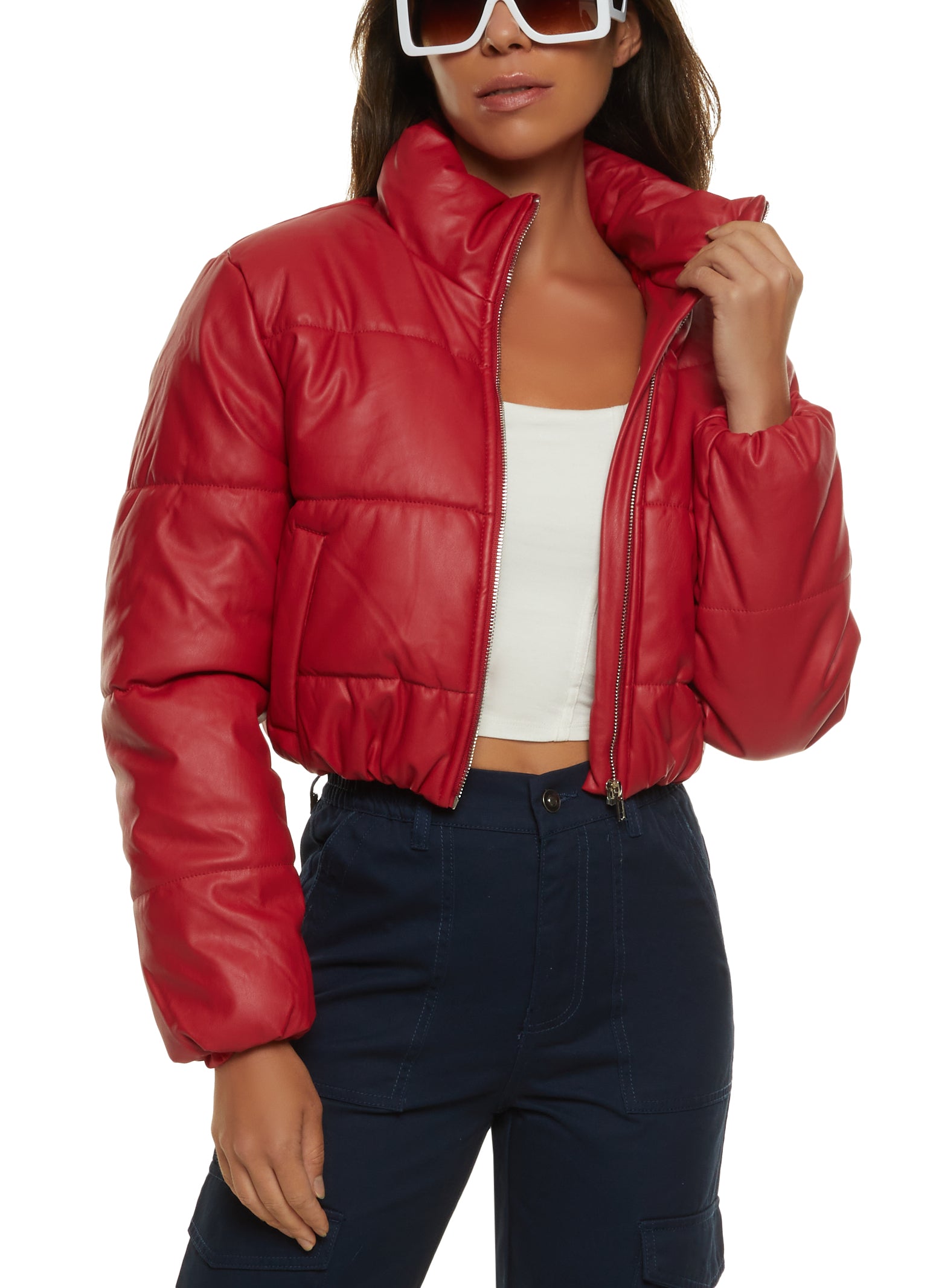 Faux Leather Cropped Puffer Jacket