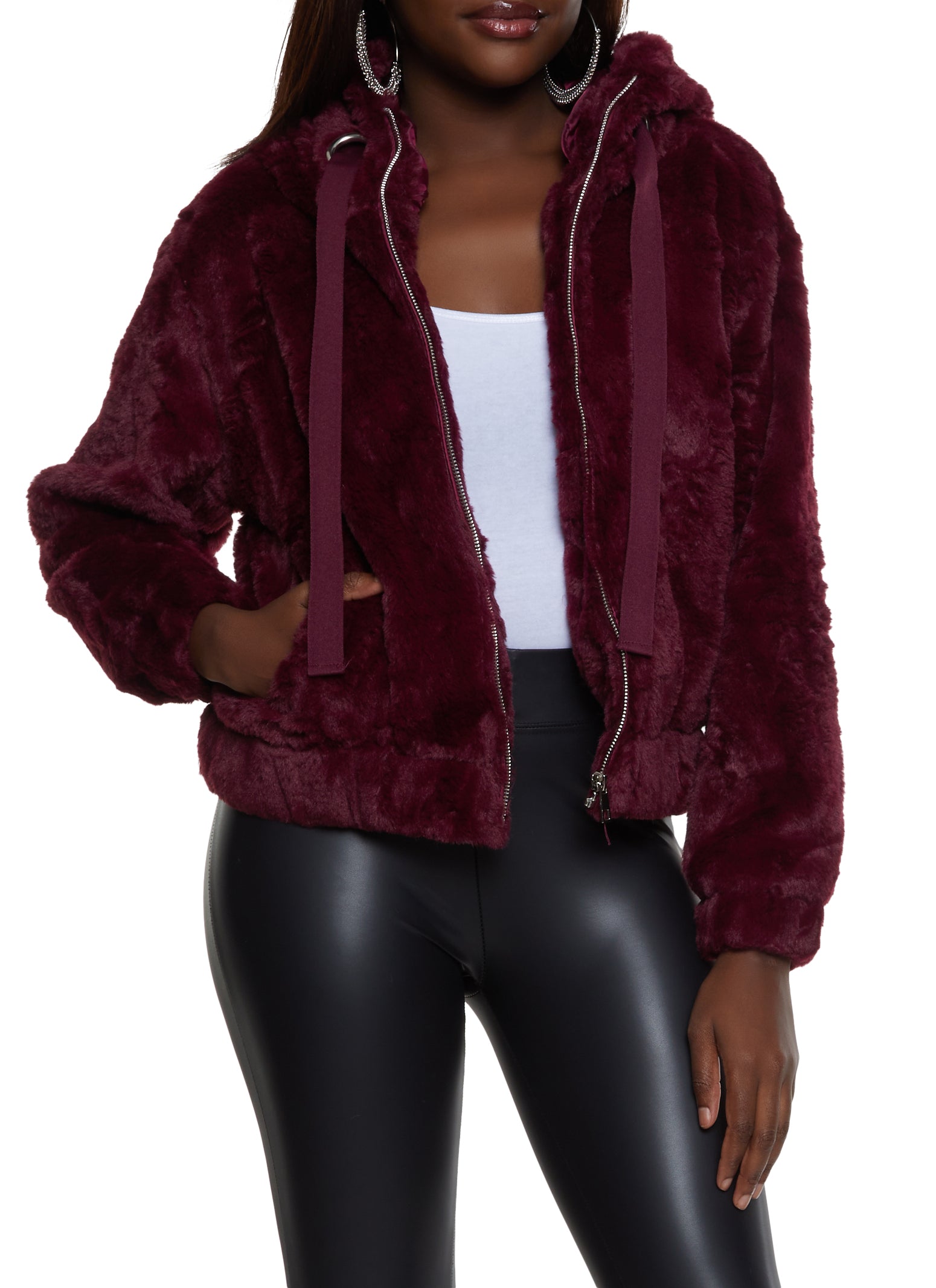 Faux Fur Zip Up Hooded Jacket