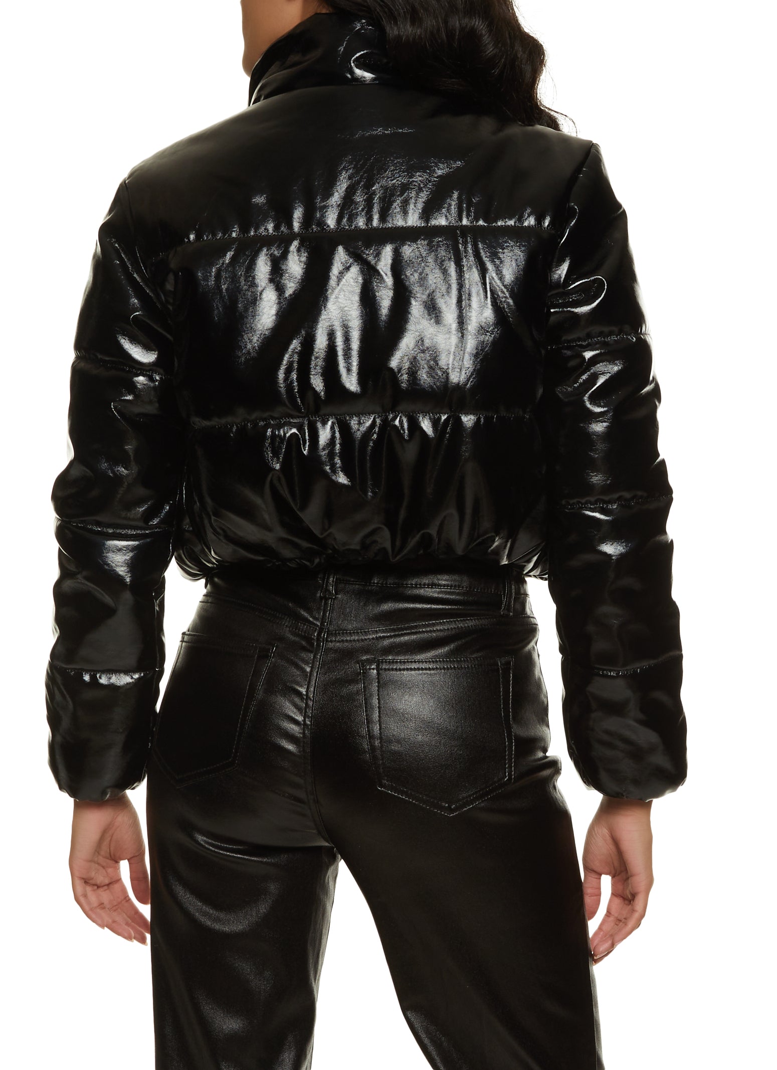 Black patent shop leather puffer jacket