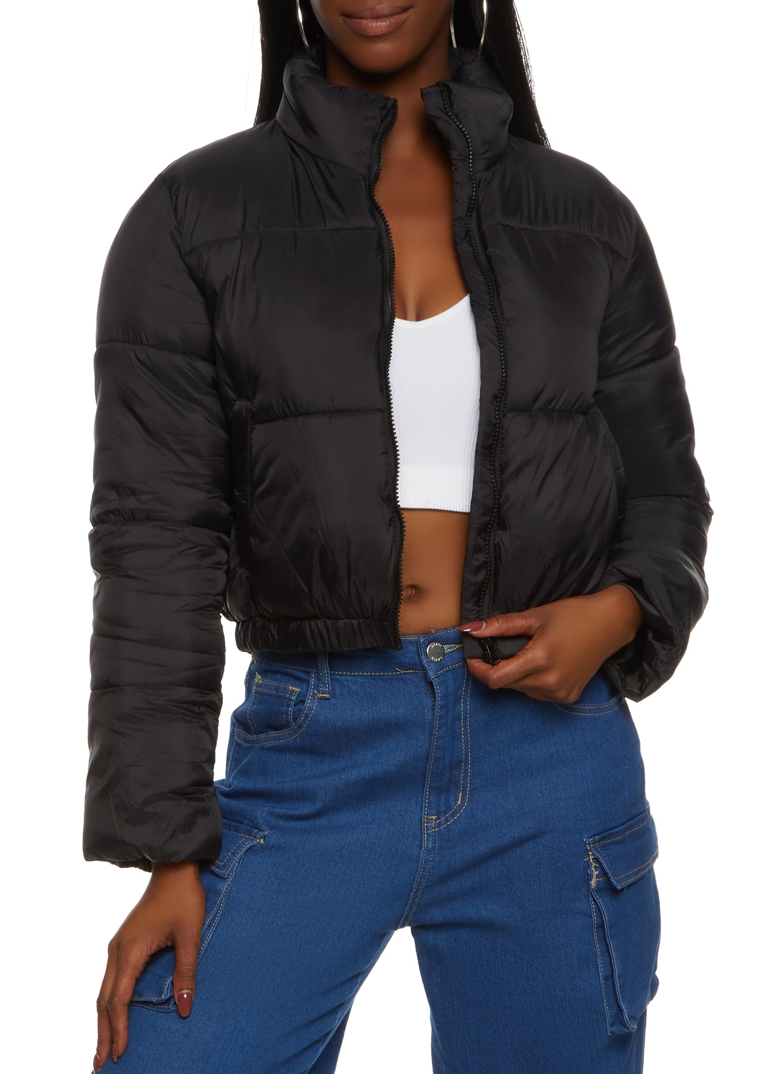 Cropped Quilted Nylon Jacket in Black - Women