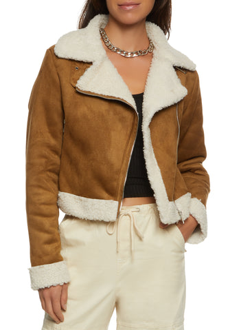 Faux Suede Sherpa Lined Moto Jacket - Camel