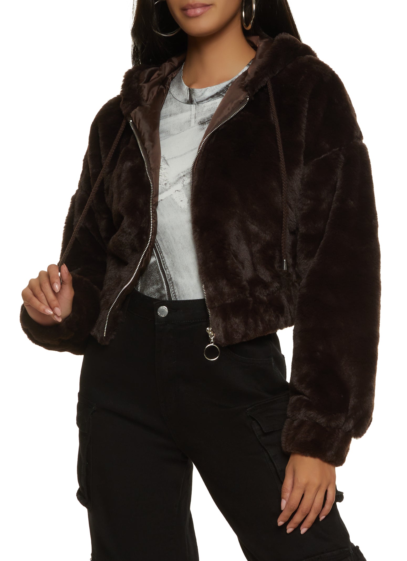 Solid Faux Fur Hooded Jacket