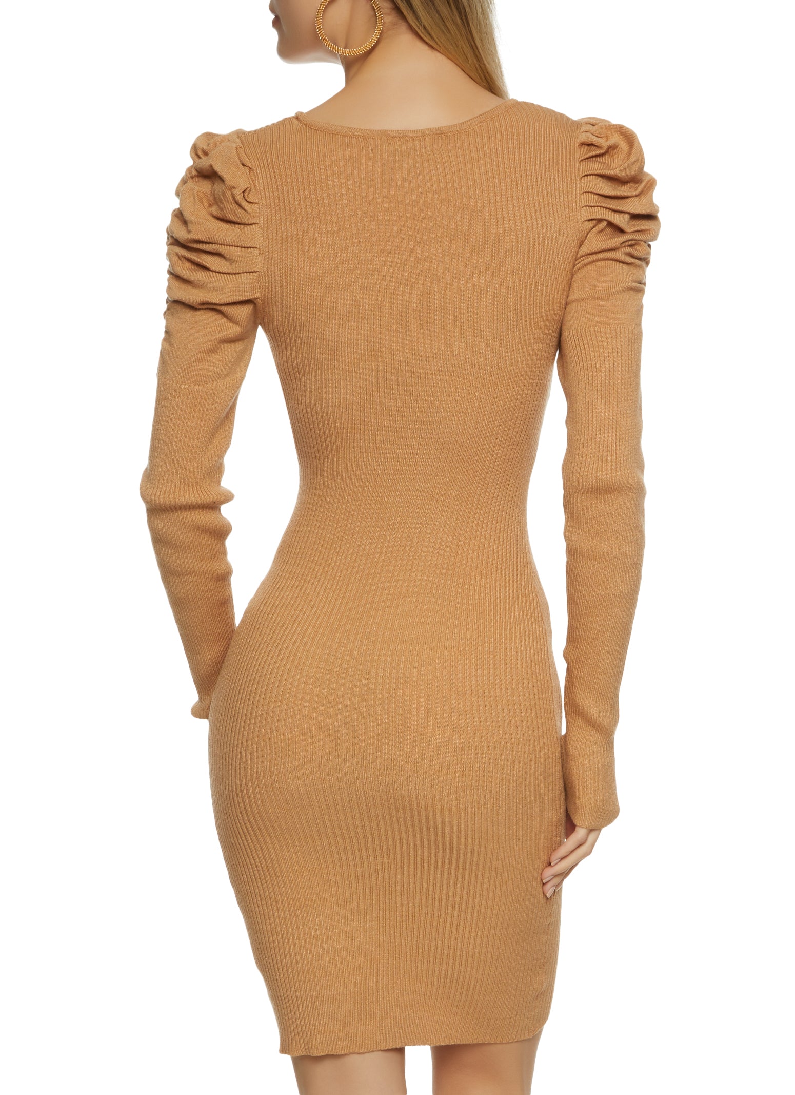 Puff Detail Sweater Dress in Tan