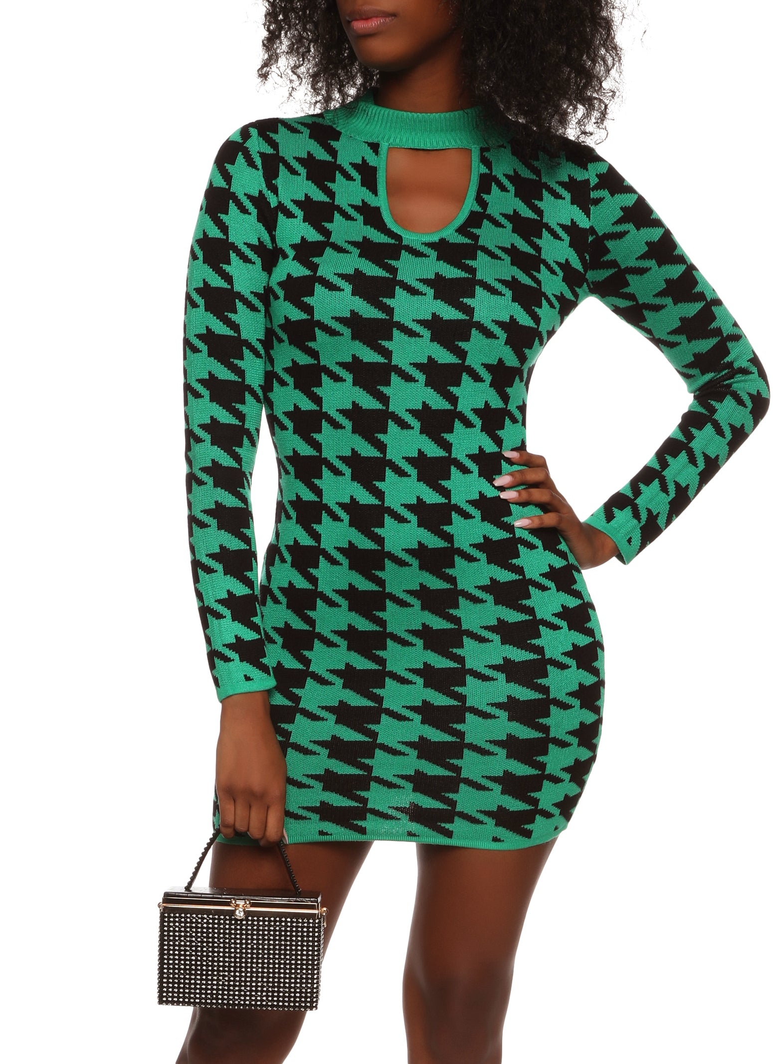 Mock Neck Houndstooth Keyhole Sweater Dress - Green