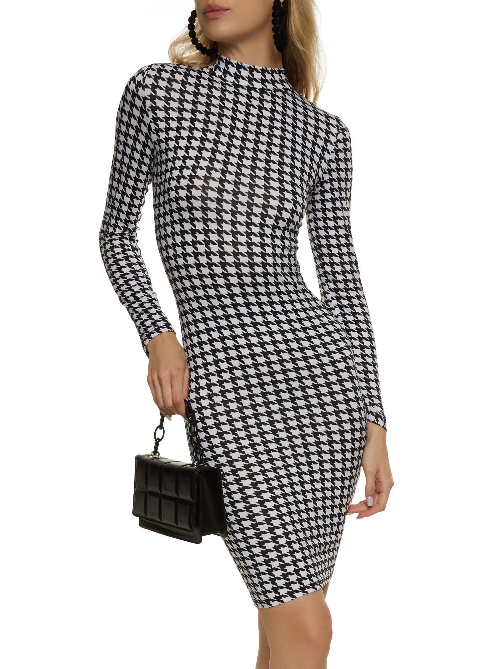 Houndstooth Long Sleeve Bodycon Dress 