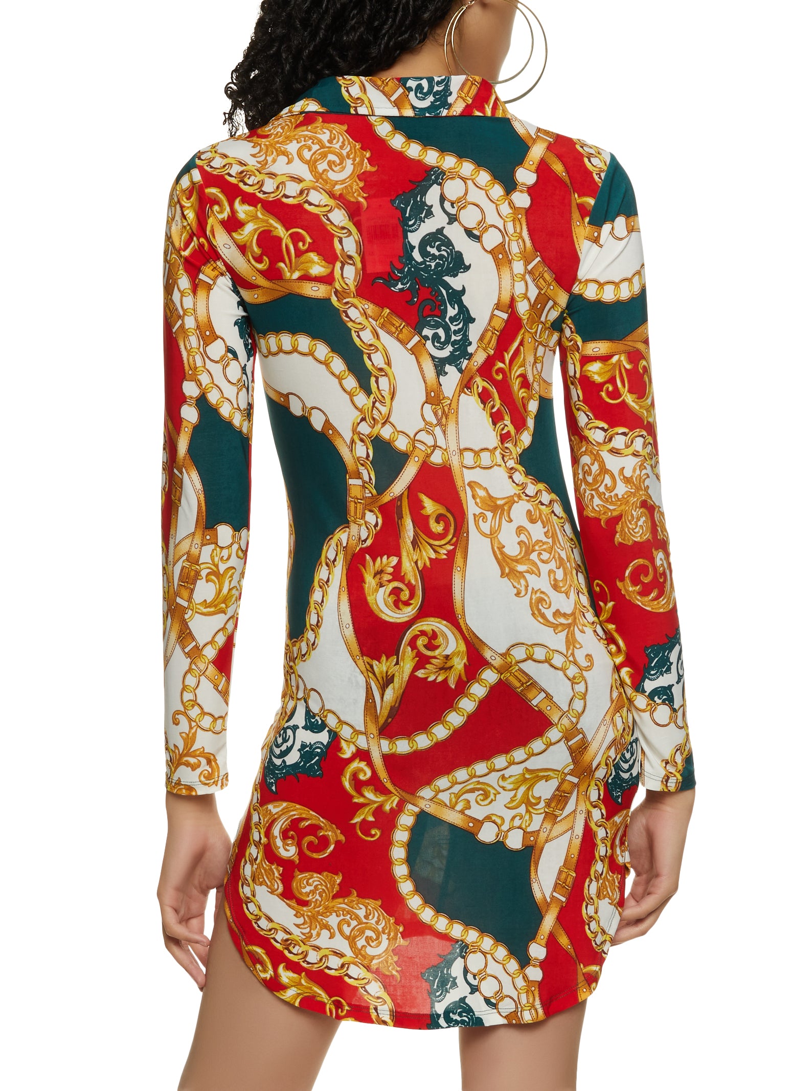 Abstract Chain Status Print Button Front Shirt Dress