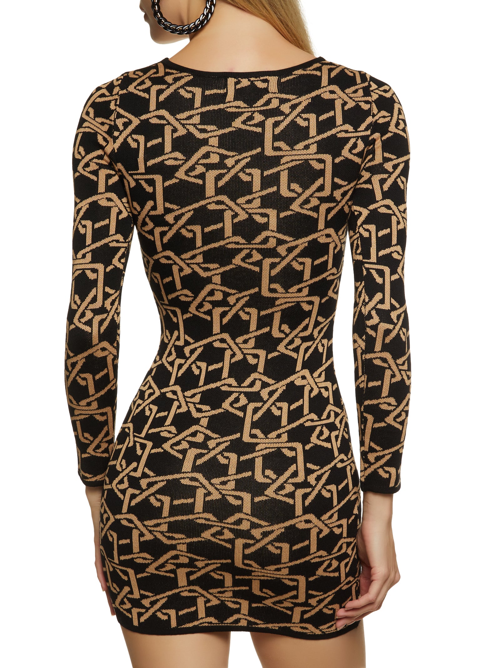 Chain Link Print Square Neck Sweater Dress