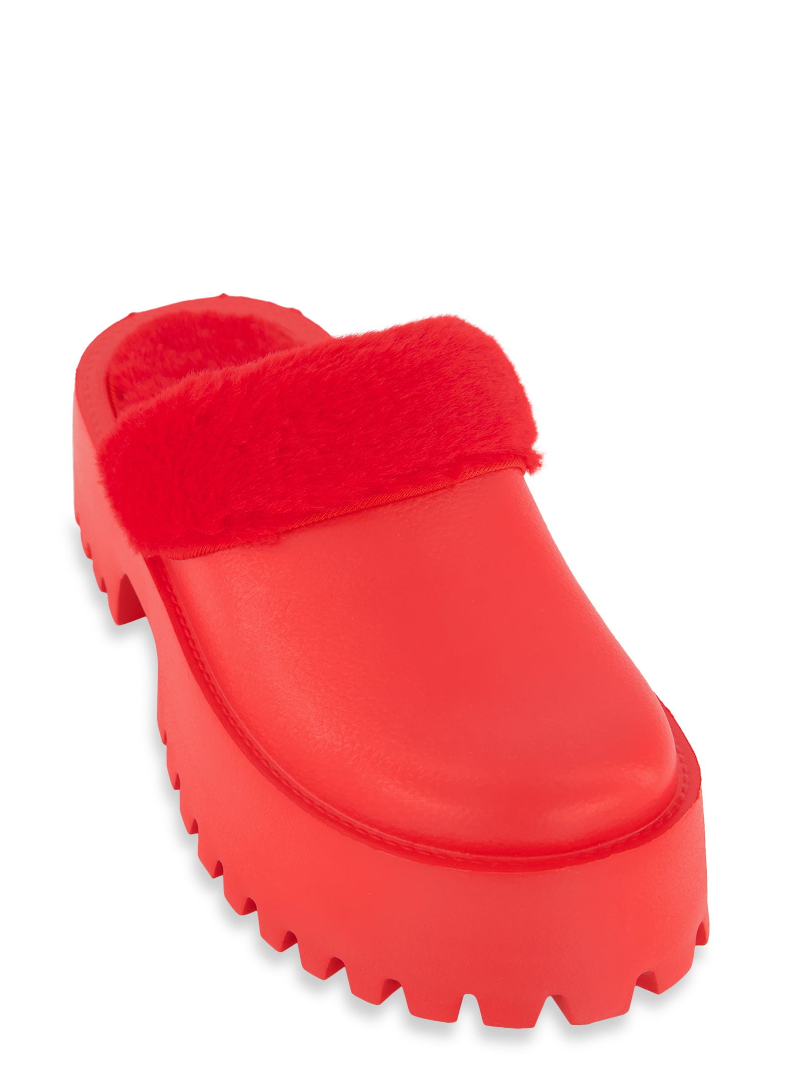 Lug Sole Faux Fur Trim Platform Slide Clogs Red