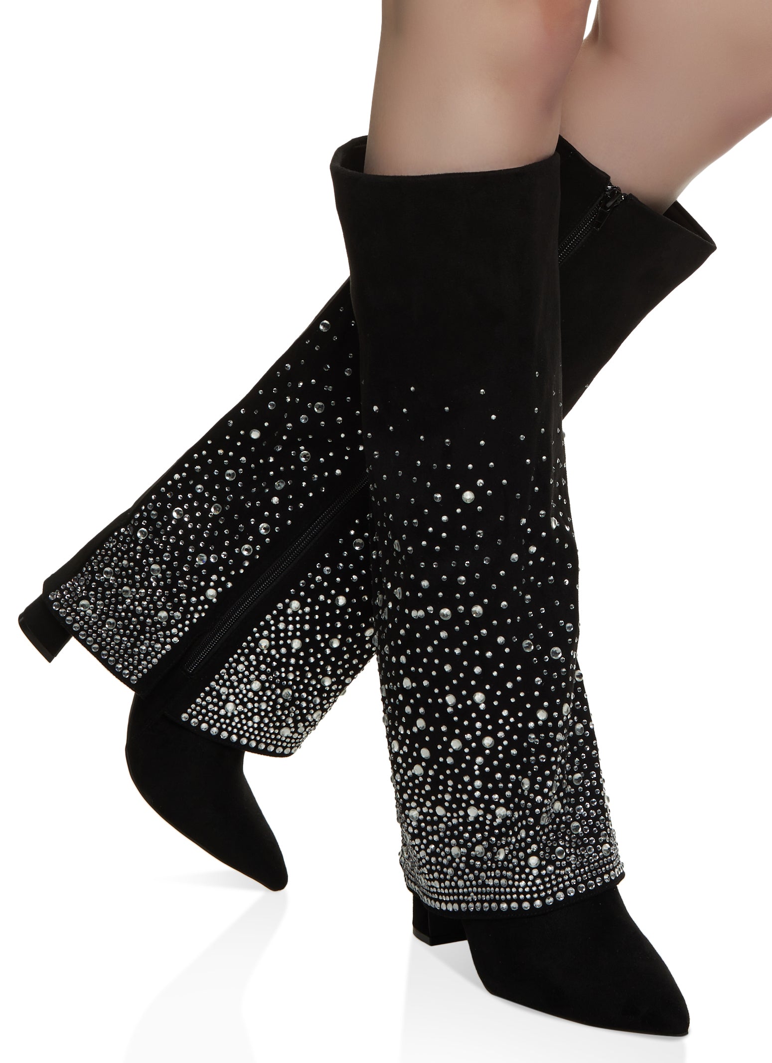 Rhinestone Studded Fold Over Tall Boots