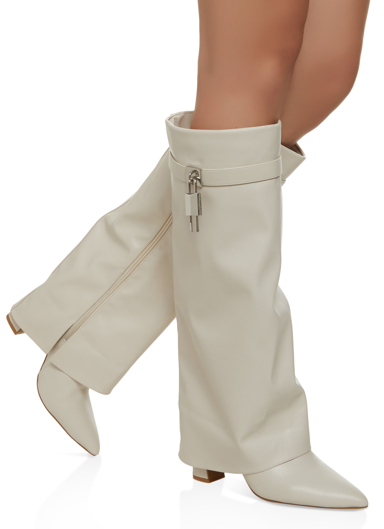 Beige Point Toe Fold Over High Heeled Knee Boots