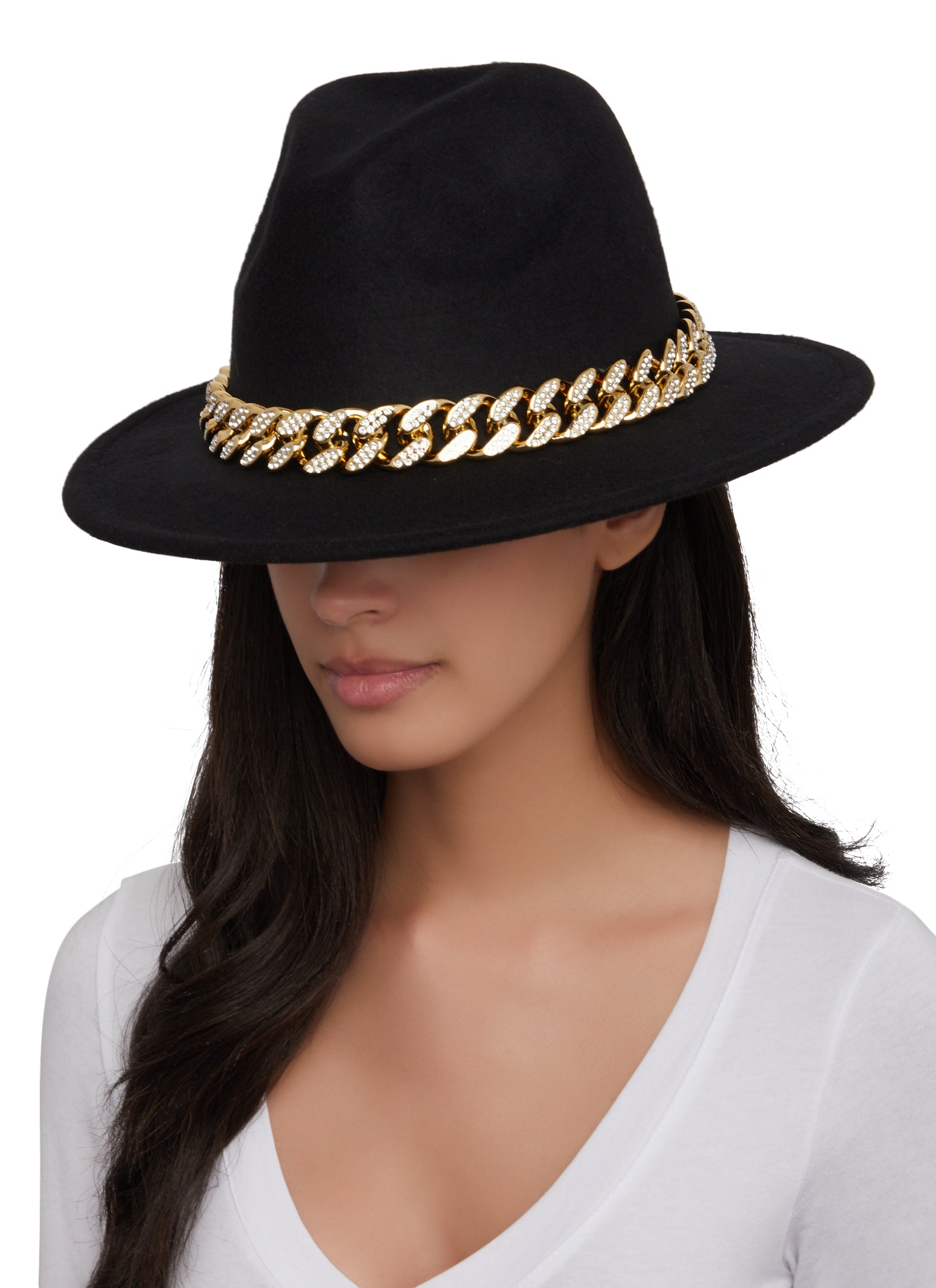 Rhinestone Chain Detail Panama Hat - Black