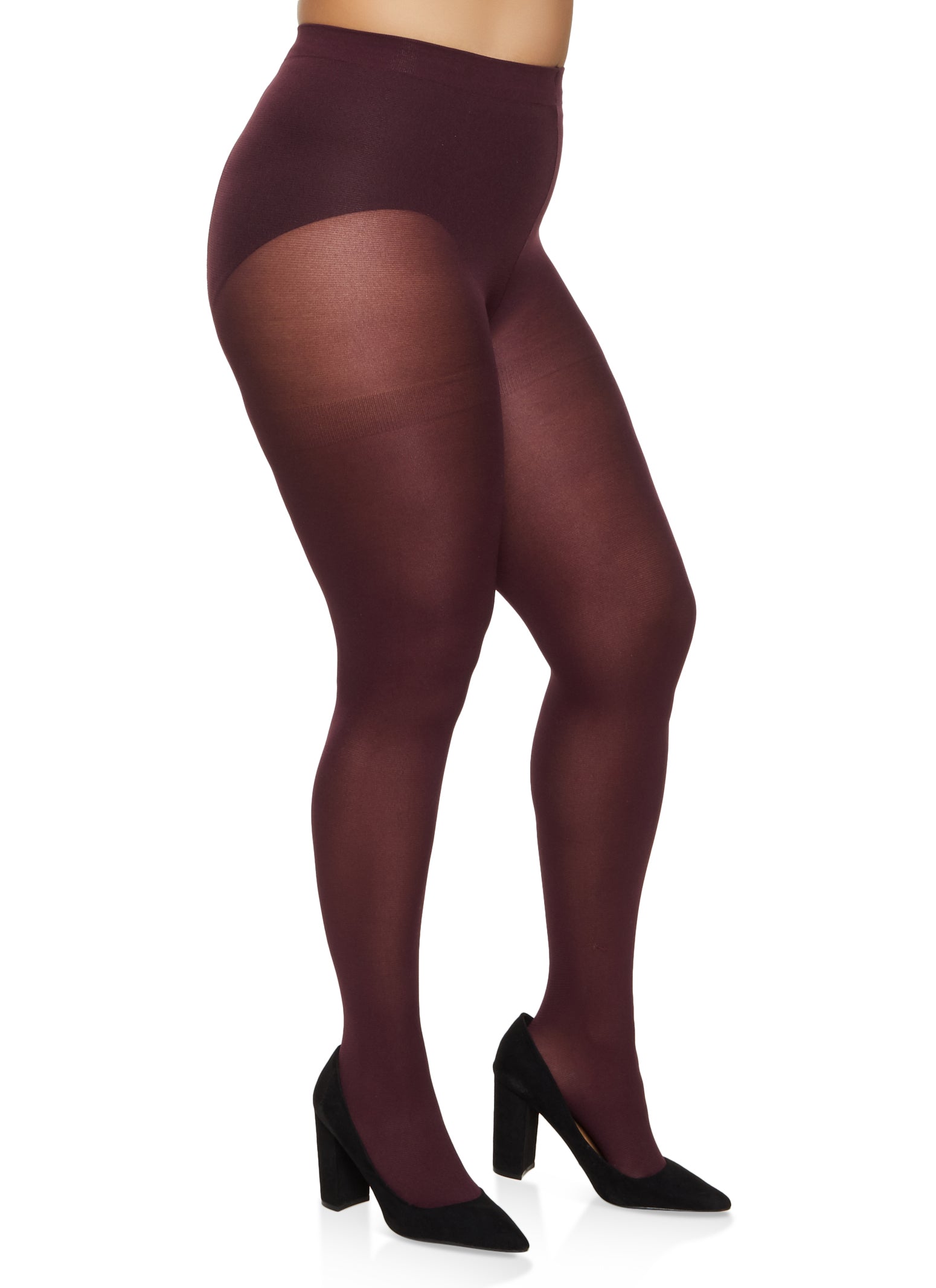 Plus Size Opaque High Waisted Tights - Burgundy
