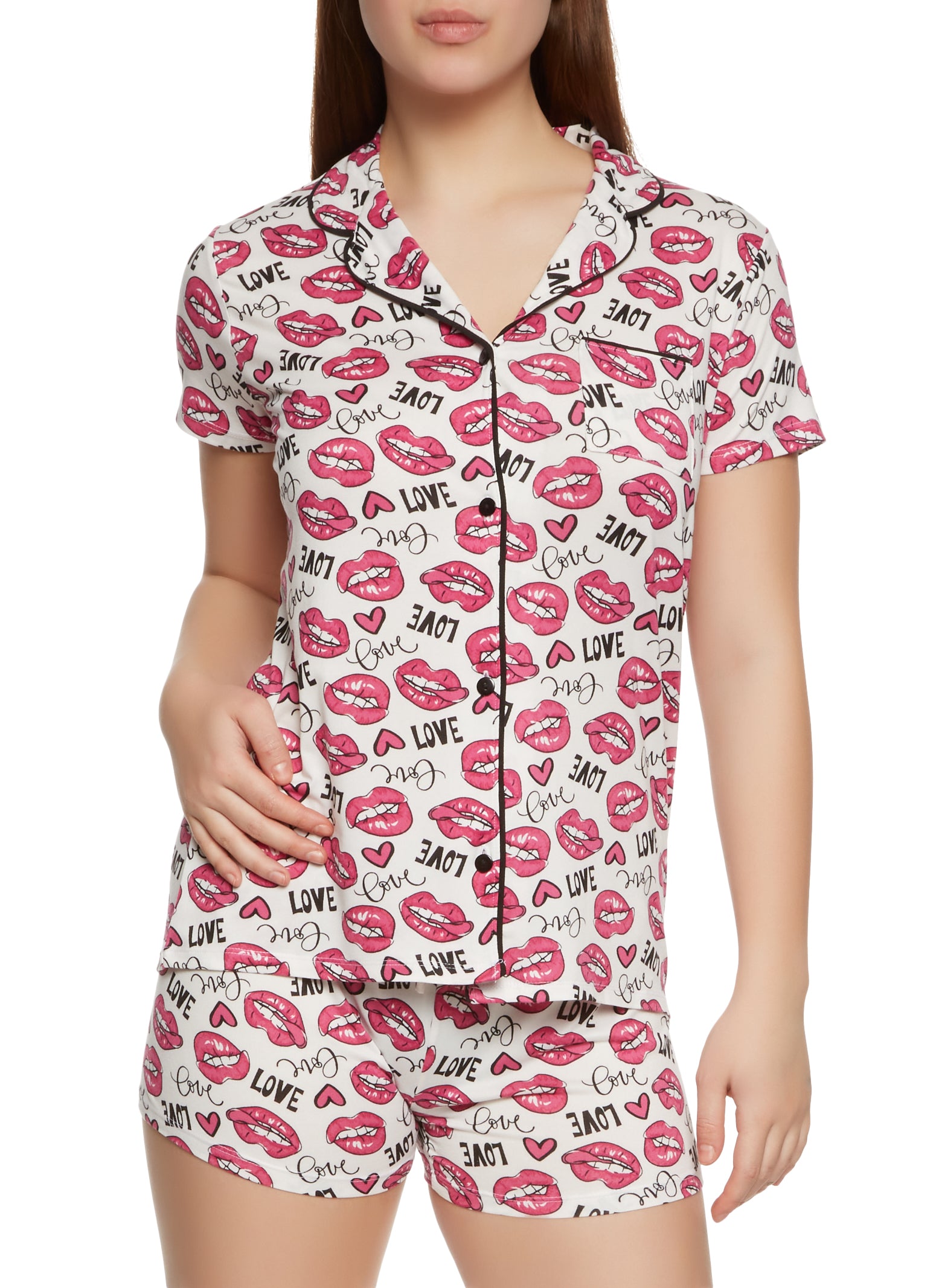 Pajama Shirt and Shorts - White/hearts - Ladies