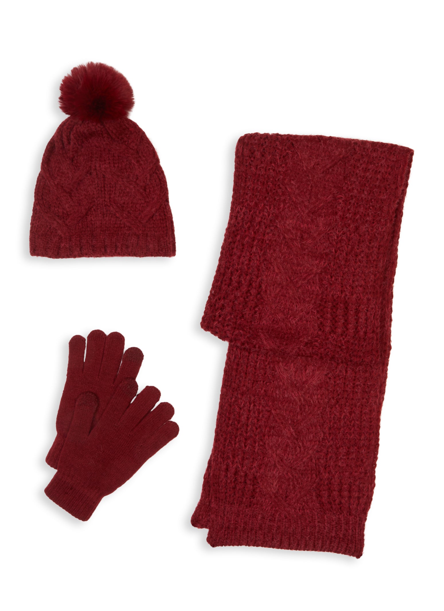 Womens Cable Knit Pom Pom Beanie with Scarf and Gloves, Burgundy, Size No Size | Rainbow Shops