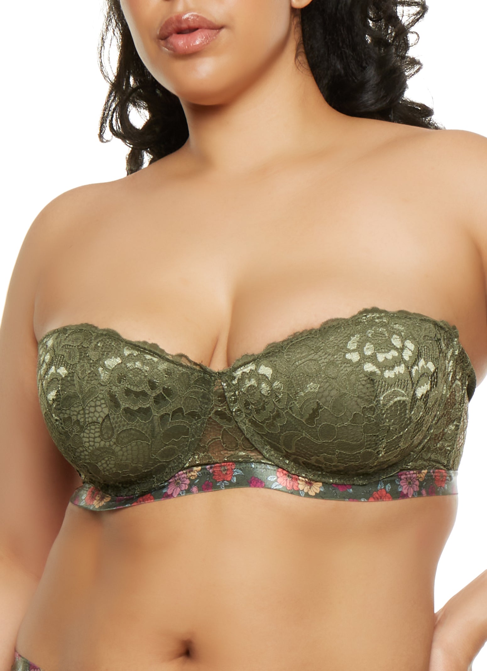 Green Floral Lace Balconette Bra, Converts to Strapless