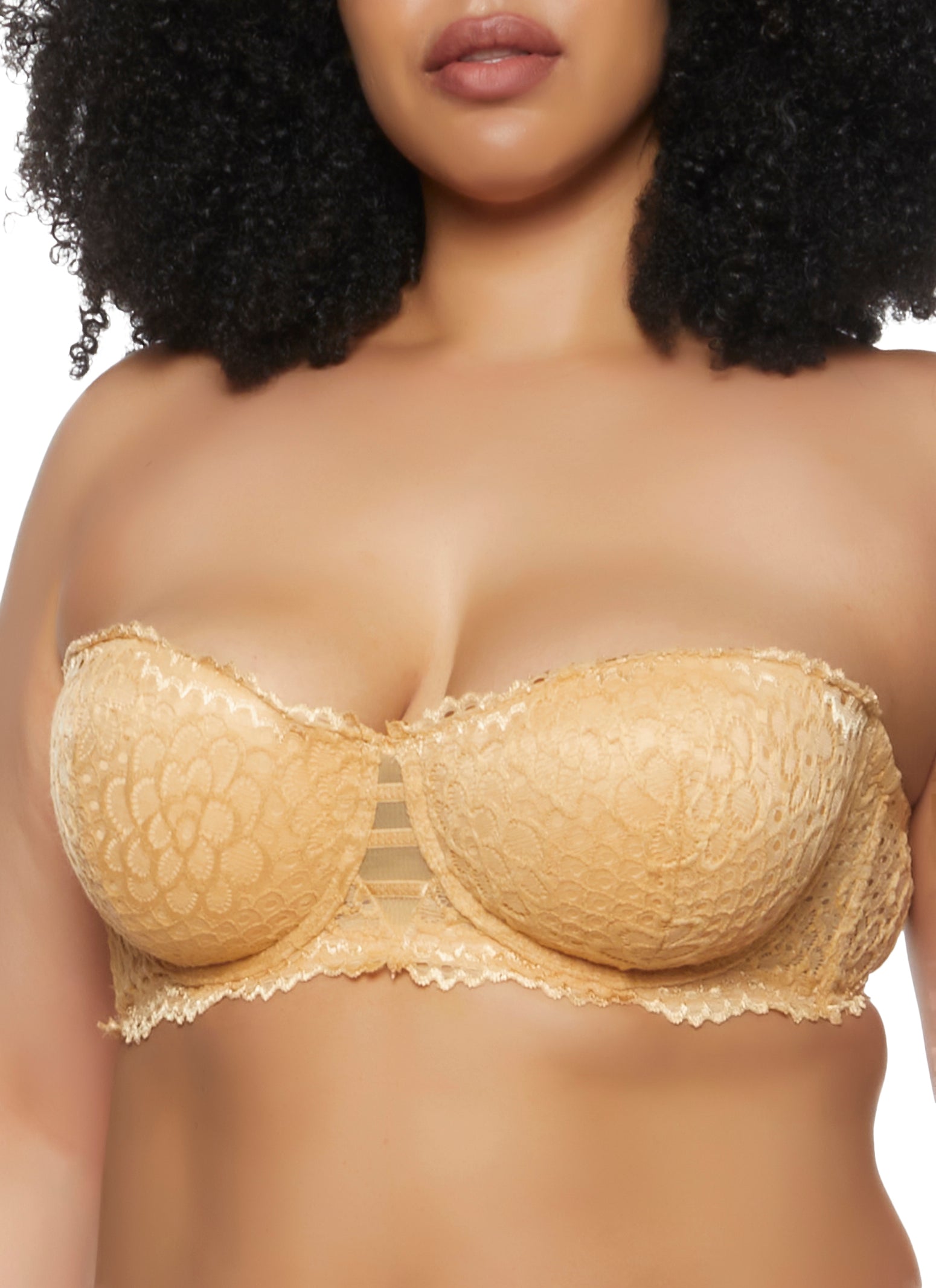 Plus Size Solid Lace Caged Front Balconette Bra - Gold