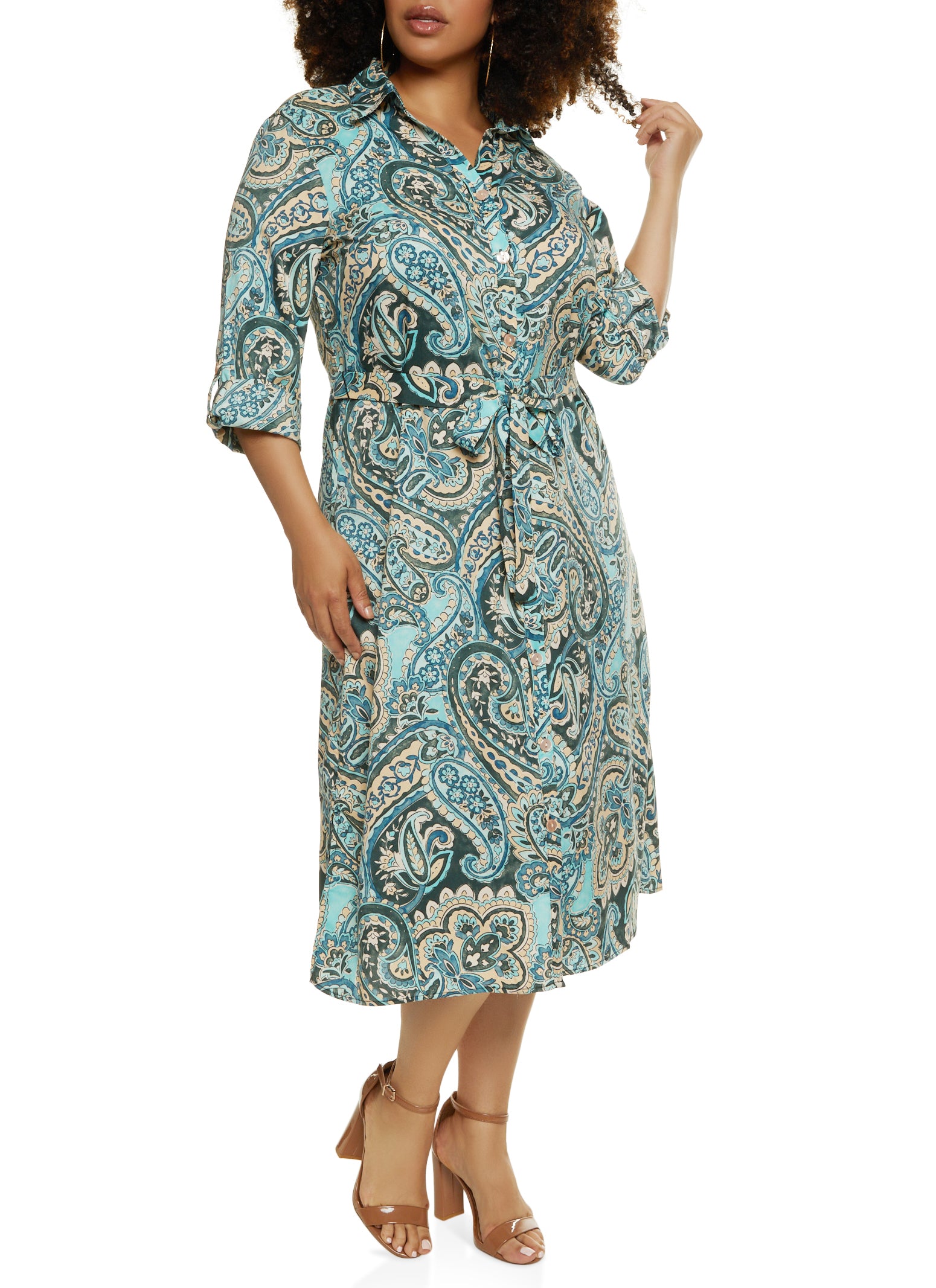 Plus Size Paisley Tie Waist Belt Shirt Dress